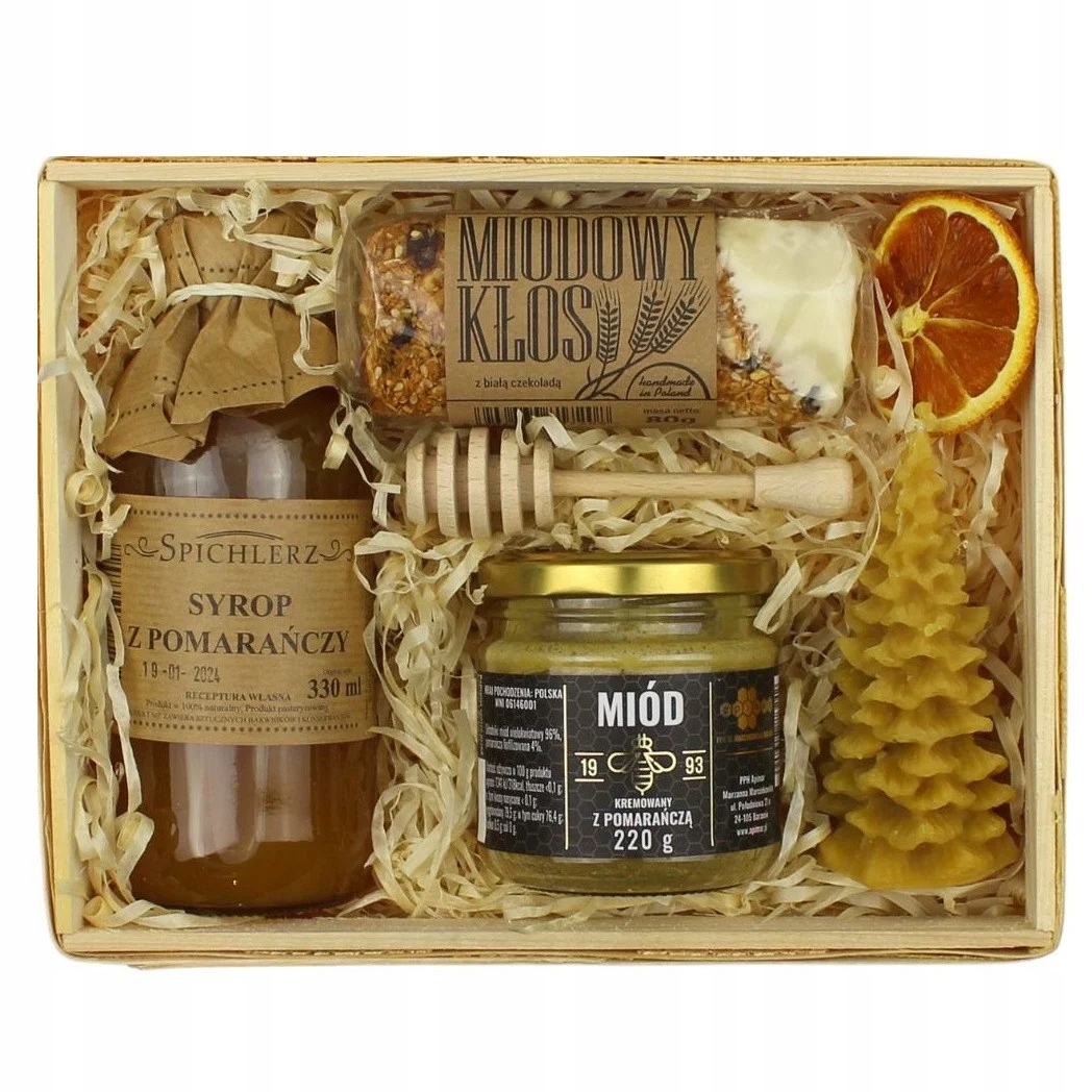 Levně Dárkový koš, dárek k Vánocům – polský med, sirup, tyčinka, svíčka