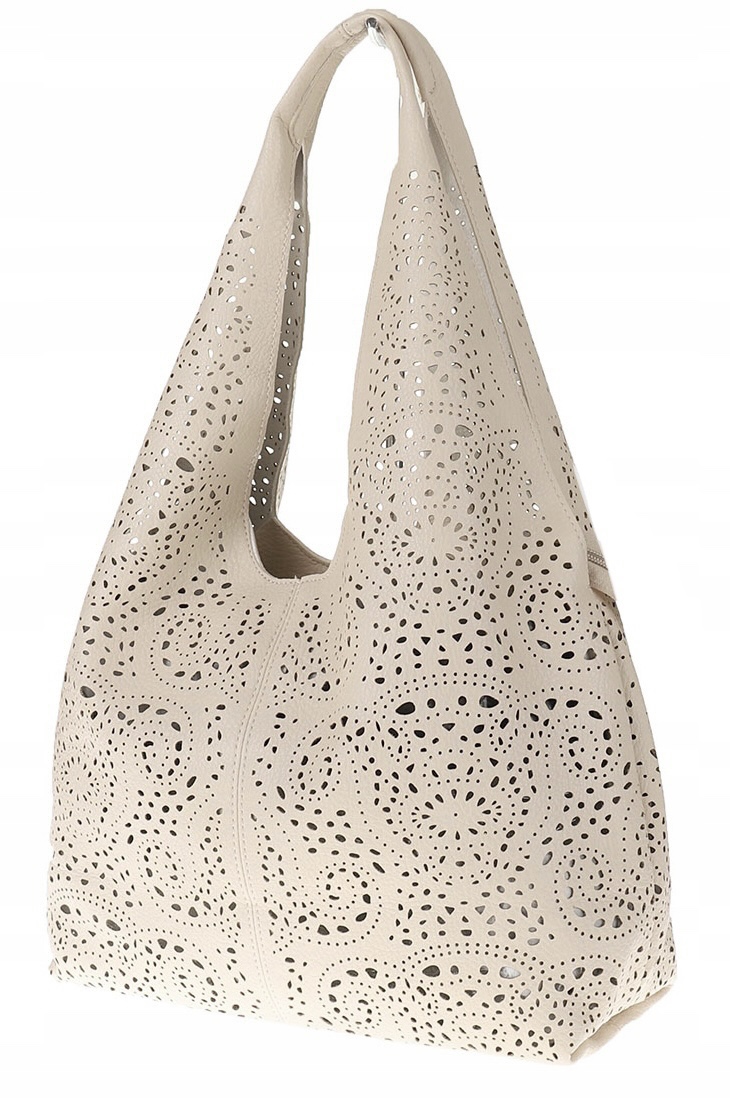 Beżowa Ażurowa Torebka Damska Worek Shopper Modna Torba Wzór Beige