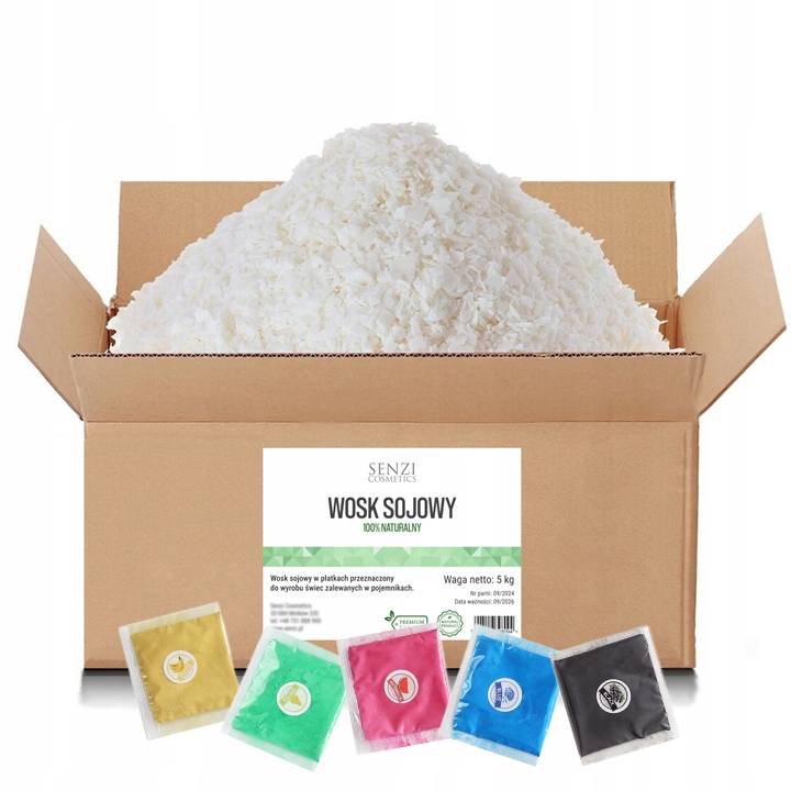 Sójový Vosk na svíčky 5 kg vloček 100% sada barviv Mica 5x5 g Bonus