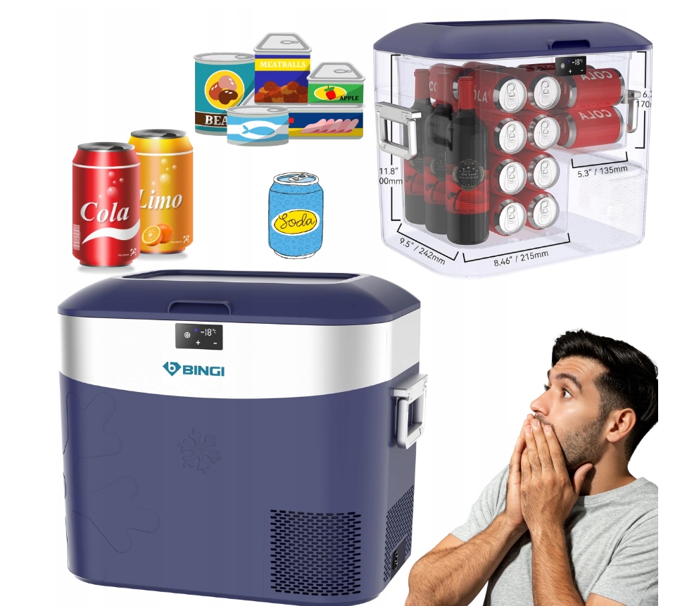 Mini lodówka samochodowa Bingi 22l 12/24V DC 230V Ac kompresorowa niebieska