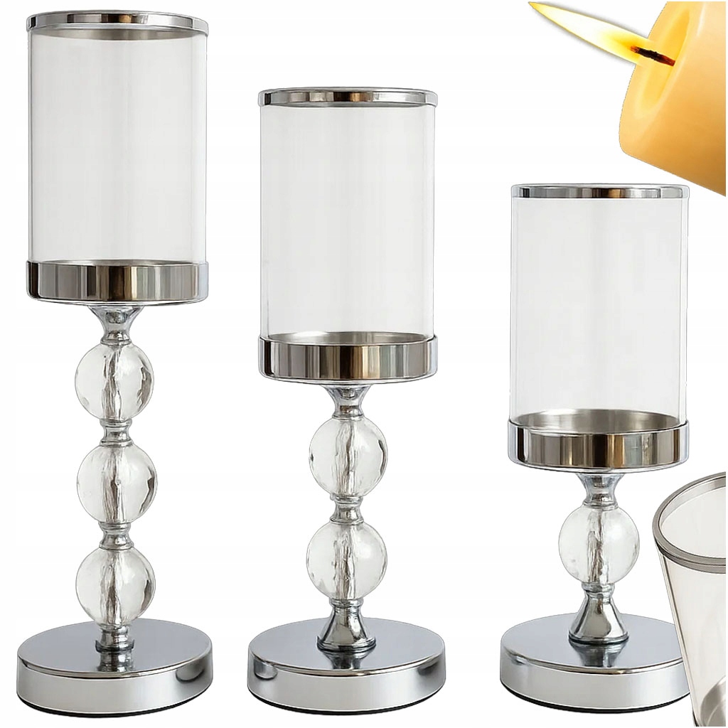 Sada tří skleněných svícnů luceren stříbrné barvy Glamour na nožce