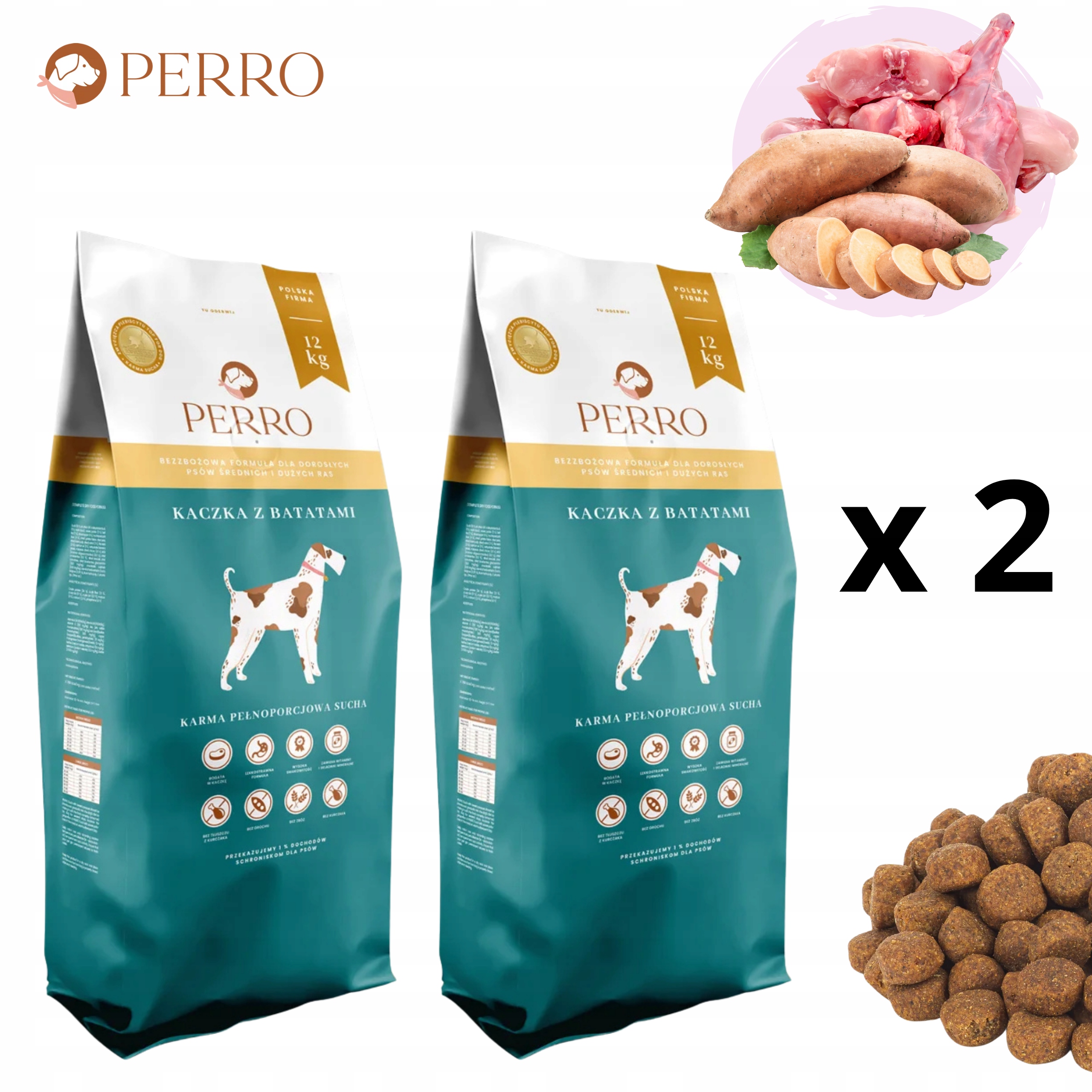 Levně 2 x Perro Krmivo krmivo Kachna s Batáty 12 kg Střední velká plemena pro psy
