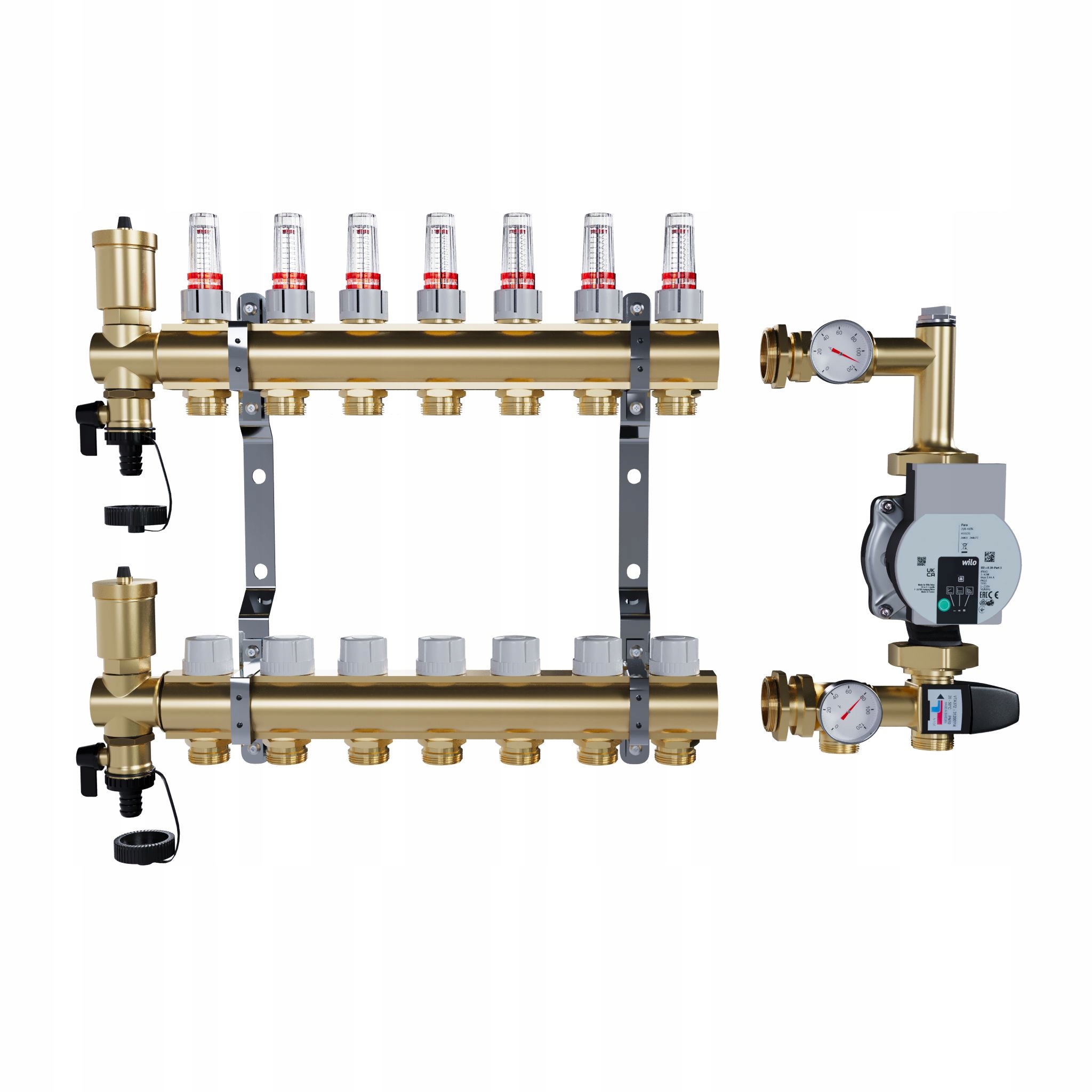 Rozdělovač pro podlahové topení 7 mosazných sekcí Čerpadlo Wilo