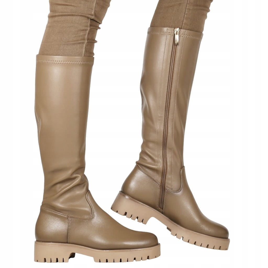 Kozačky Kozačky Na Silné Podrážce Khaki Béžové Zelené Přiléhavé Módní