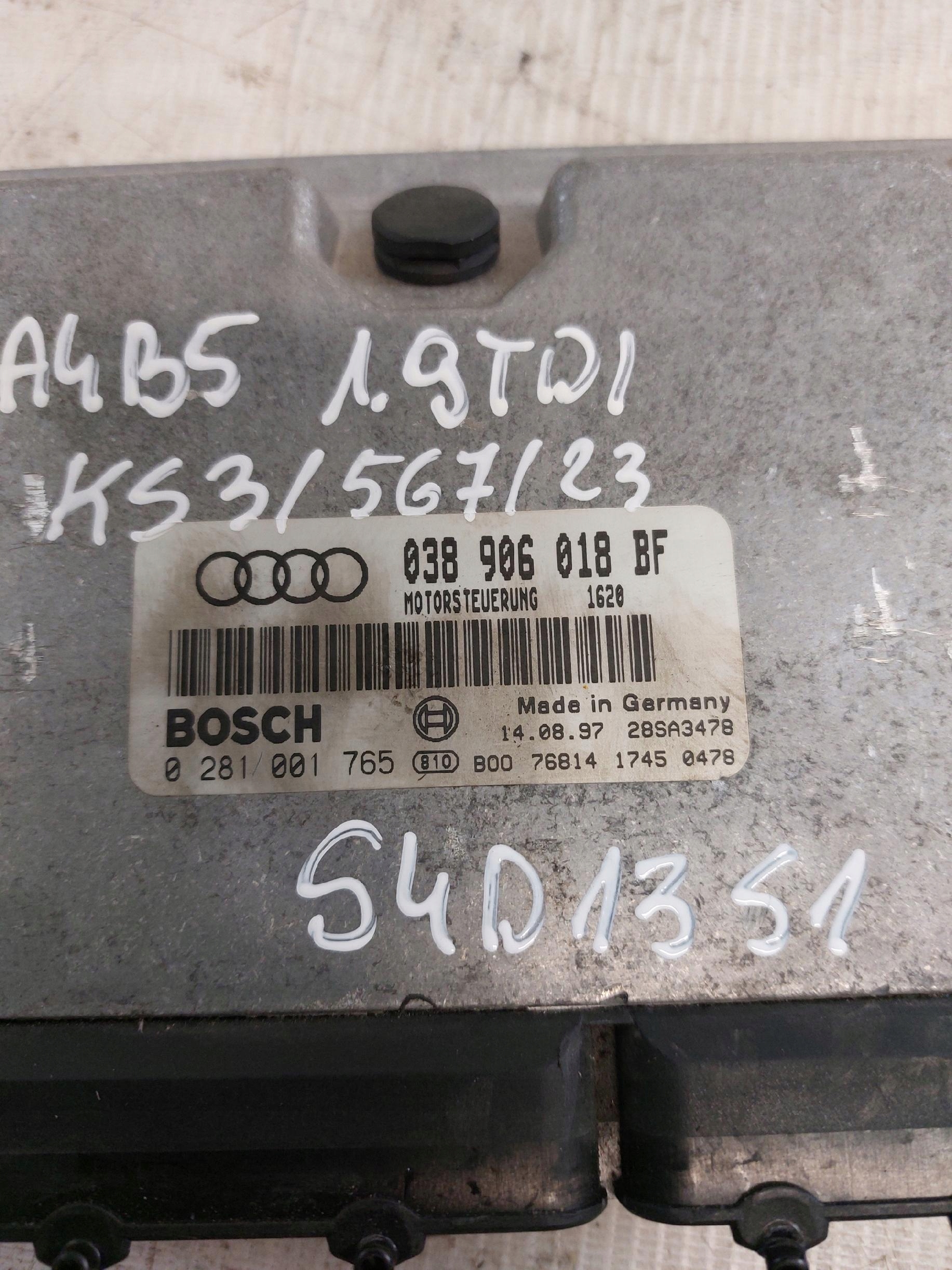 control unit computer of the engine AUDI A4 B5 1.9TDI 038906018BF 0281001765 BOSCH