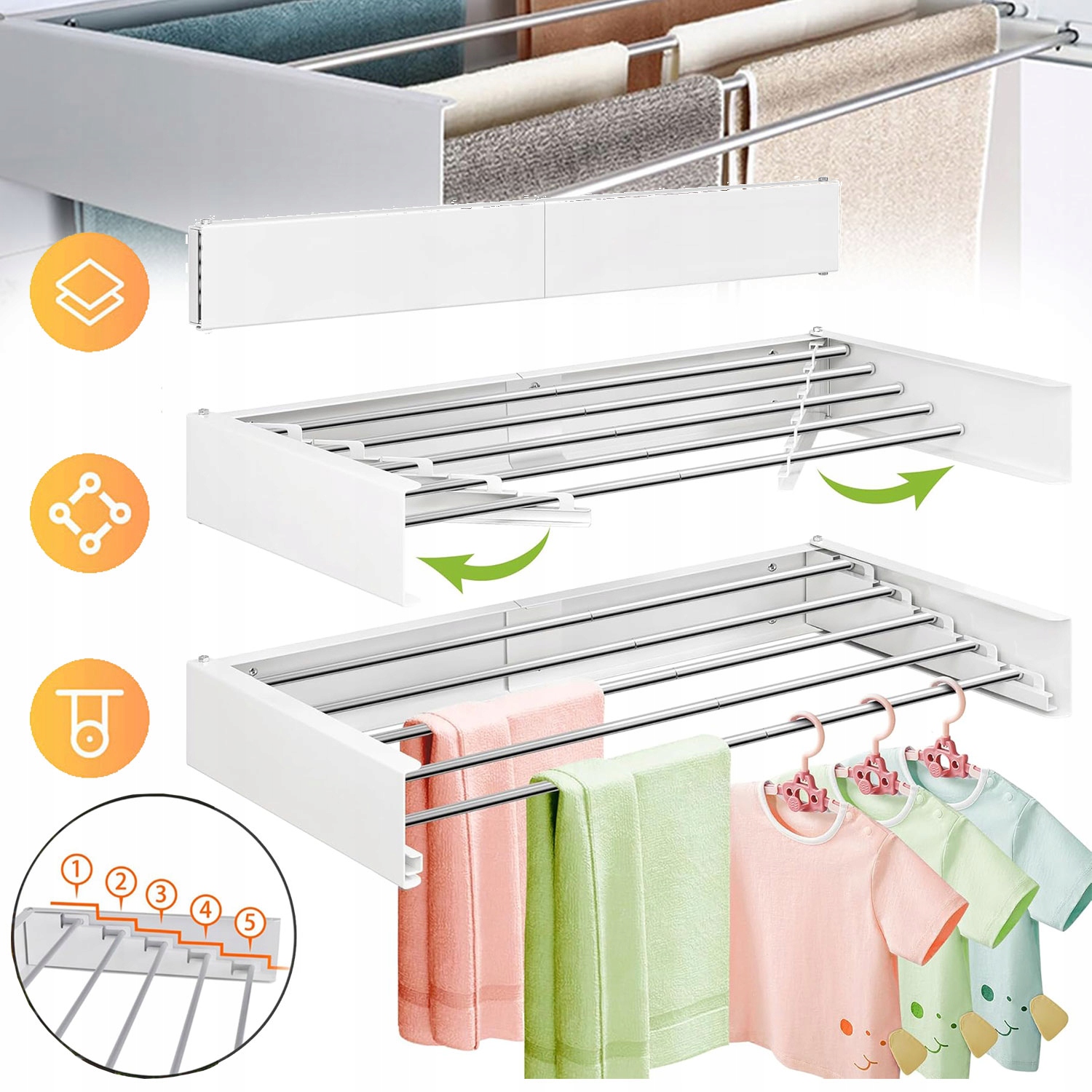 Rozkládací Nástěnný Stojan S 5 Tyčemi Na Ručníky, Oblečení, Kalhoty, Balkon