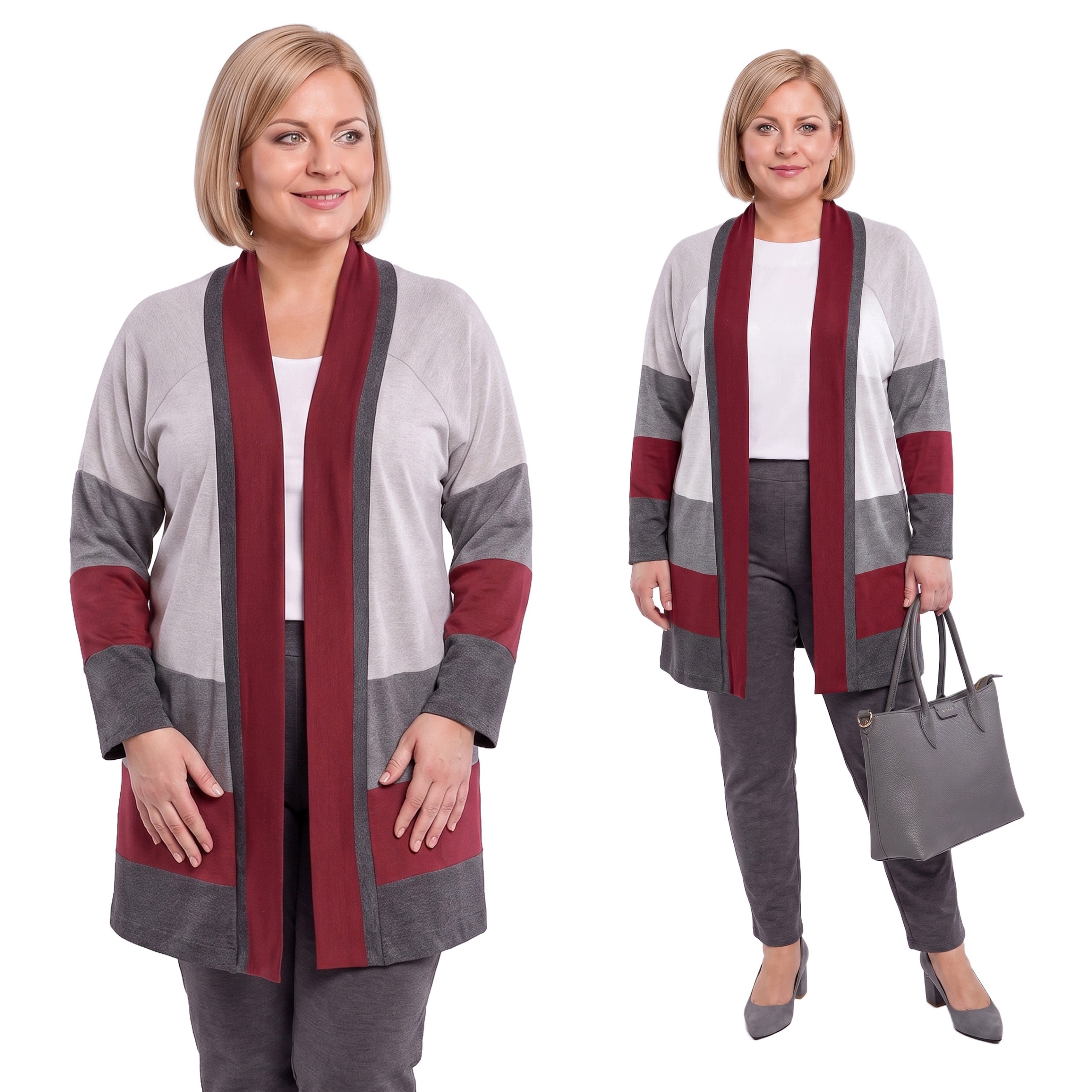 Kardigan s šedo-bordovými pruhy plus size velikost 62