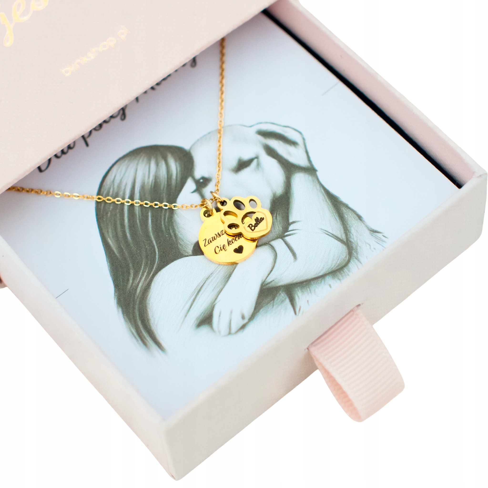 Złoty naszyjnik z grawerem łapka i imię psa pozłacany dla niej stal