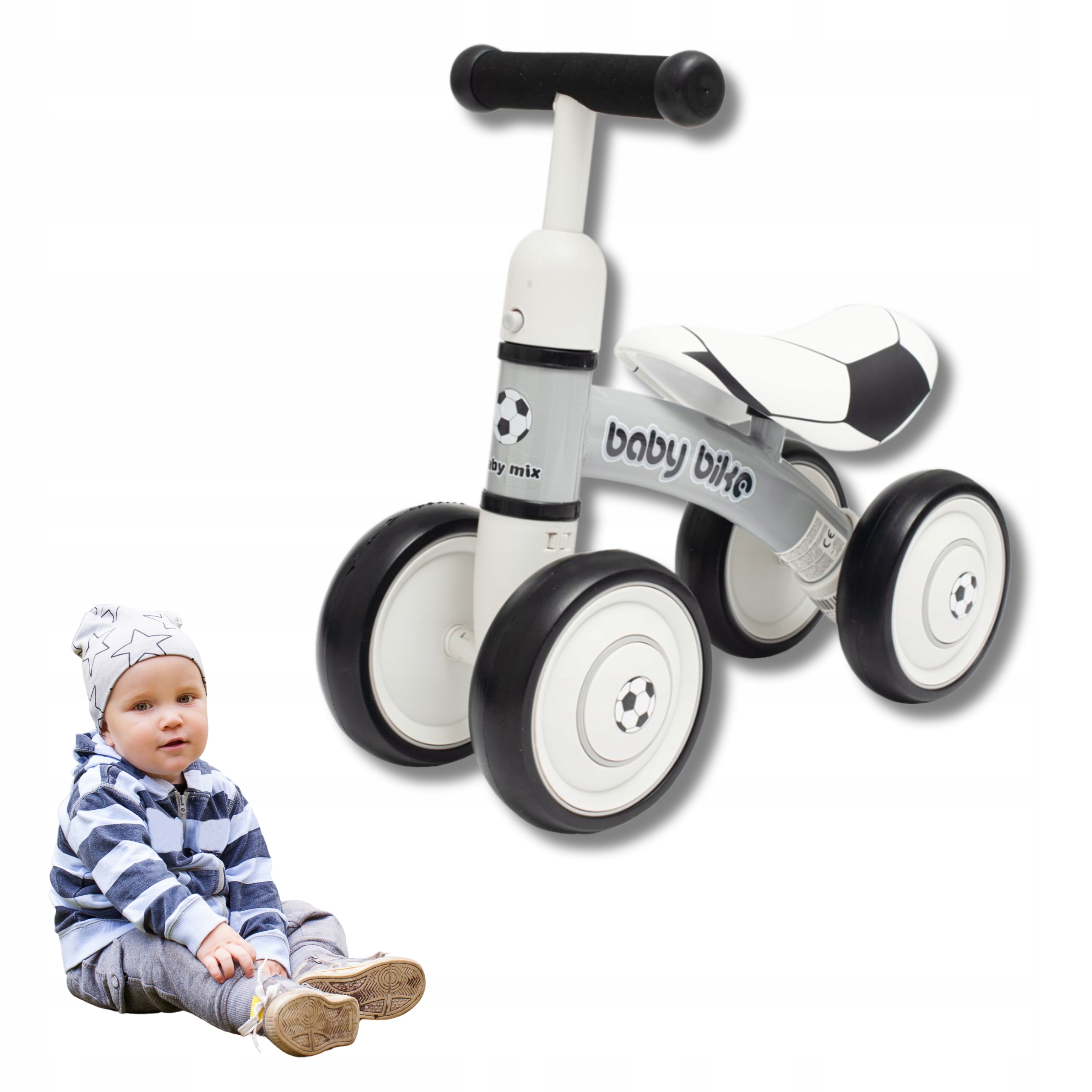 Rowerek Biegowy Pchacz Jeździk Bike czarno biały football Roczek