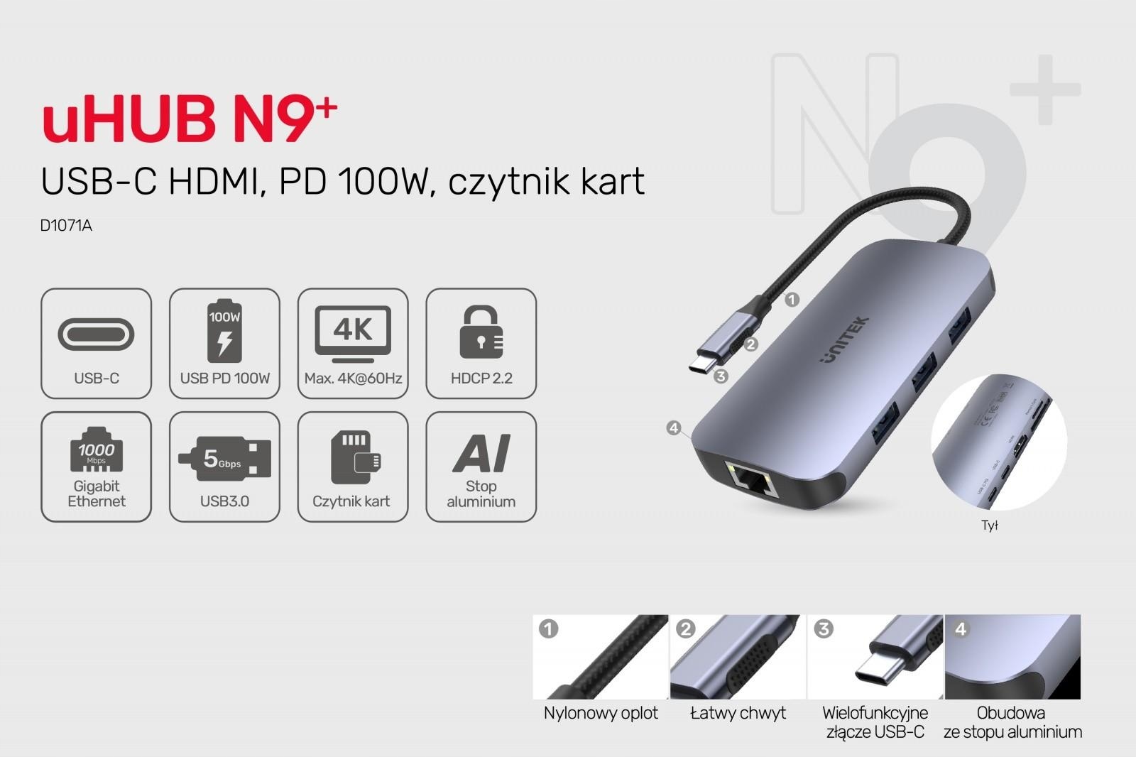 Hub Usb-c 9w1, Usb-c, Hdmi 2.0, RJ45, Pd 100W, czytnik Sd D1071A
