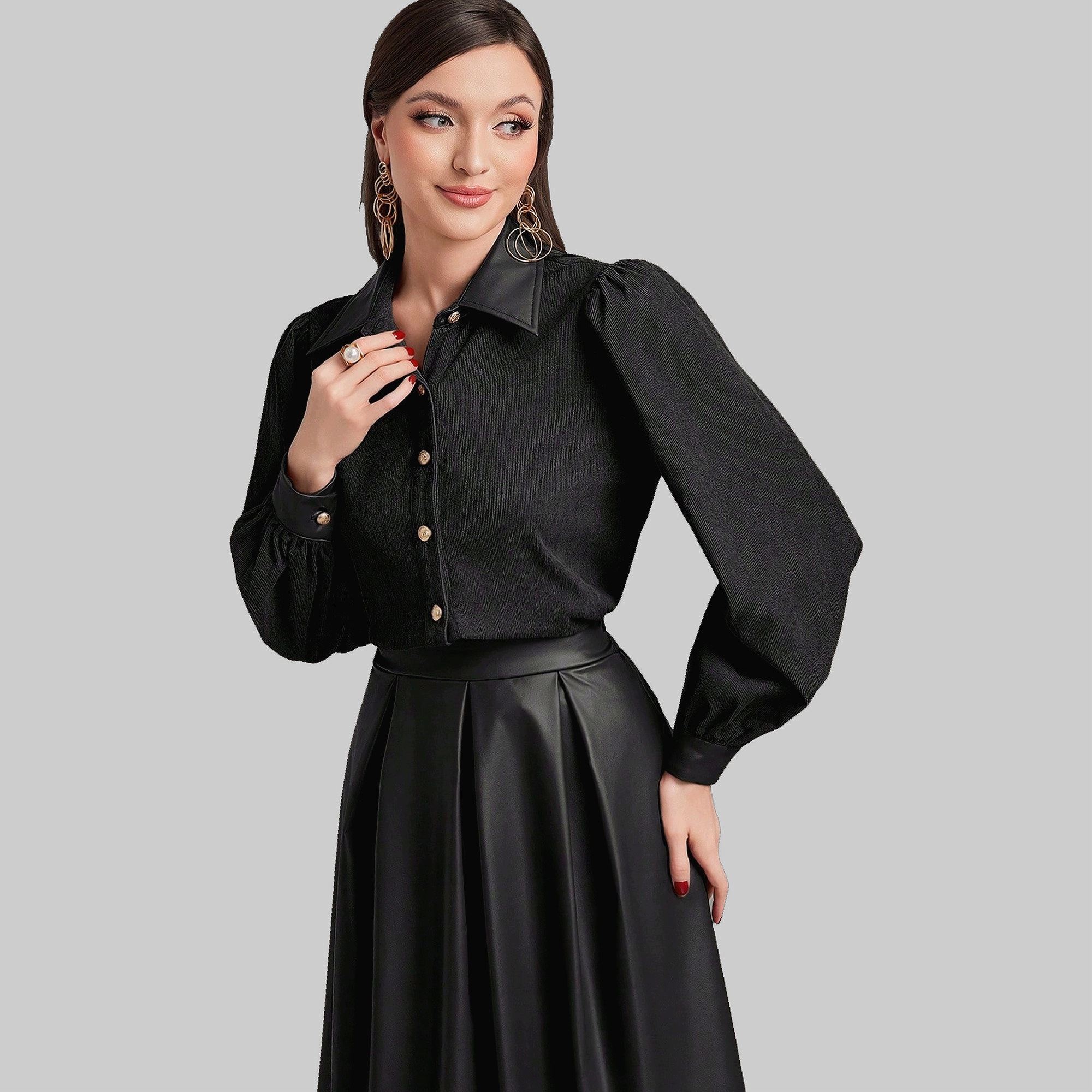Komplet Elegantní Stylová černá šusťáková košile Sukně kožená S 36