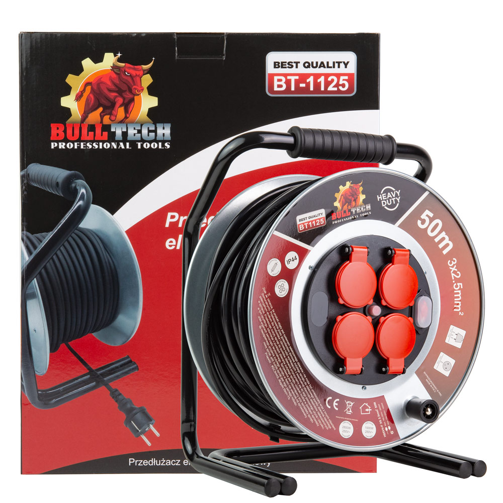 Predlžovací Kábel bubnový Bull Tech 50 m 4 ks zásuviek čierny
