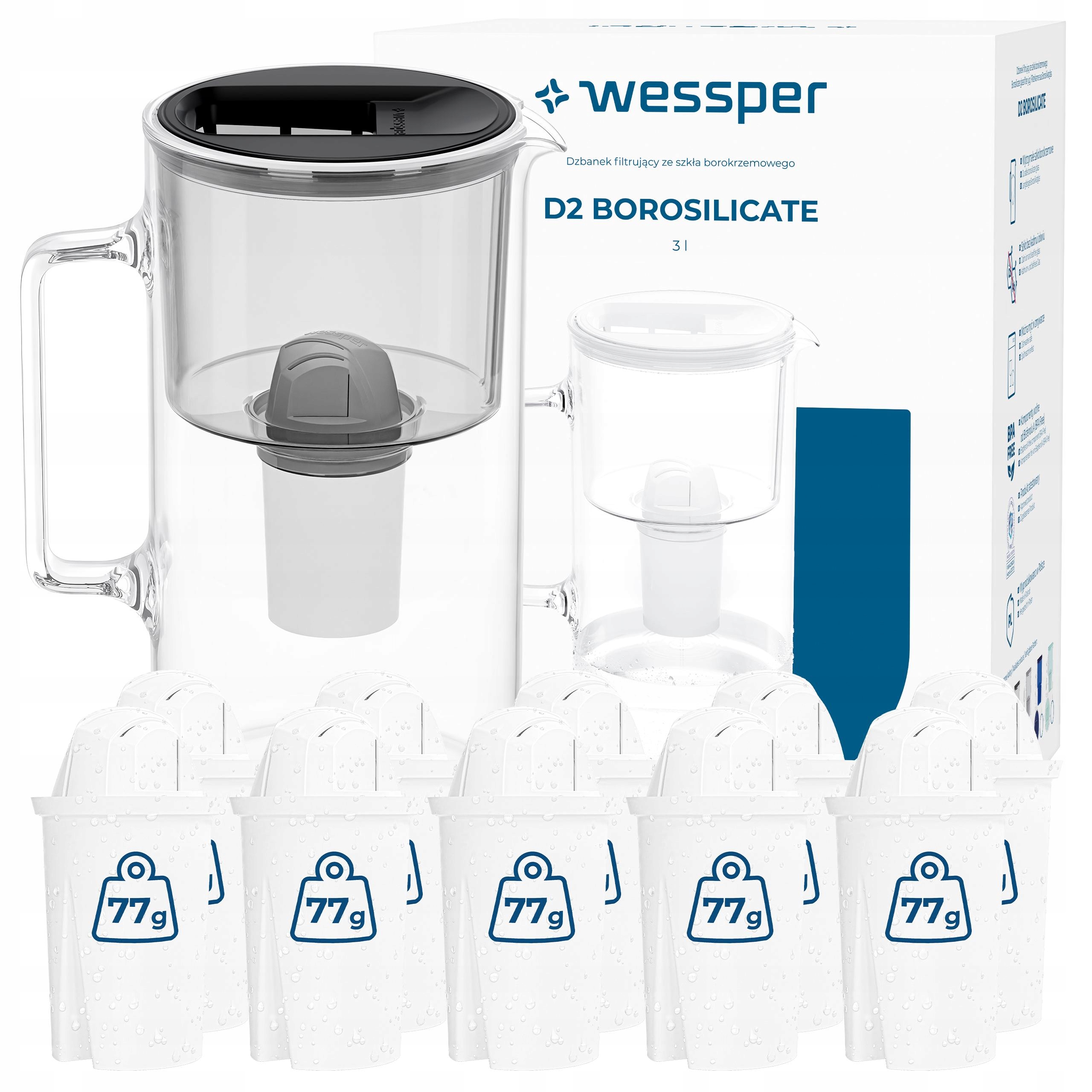 Skleněná filtrační konvice Wessper D2 Borosilicate 3 l černá 11x filtr
