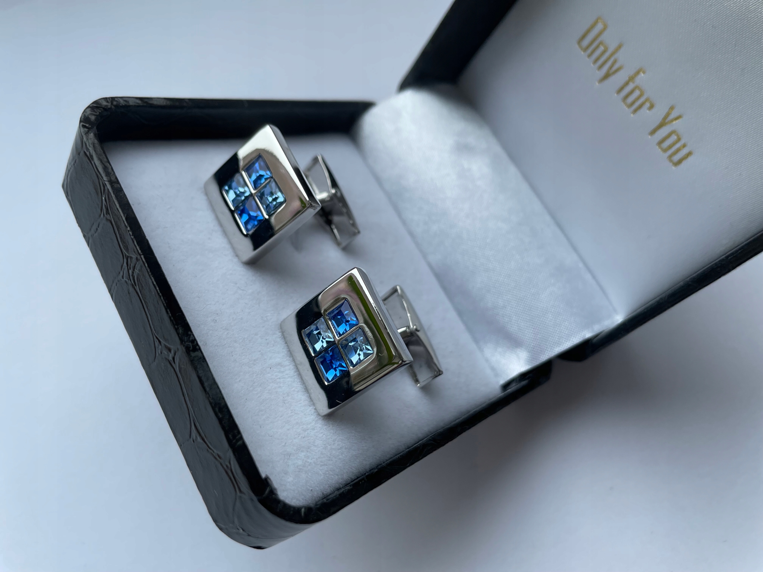 Stříbrné manžetové knoflíčky Exc Modrá modrá šachovnice Zirkon Topaz