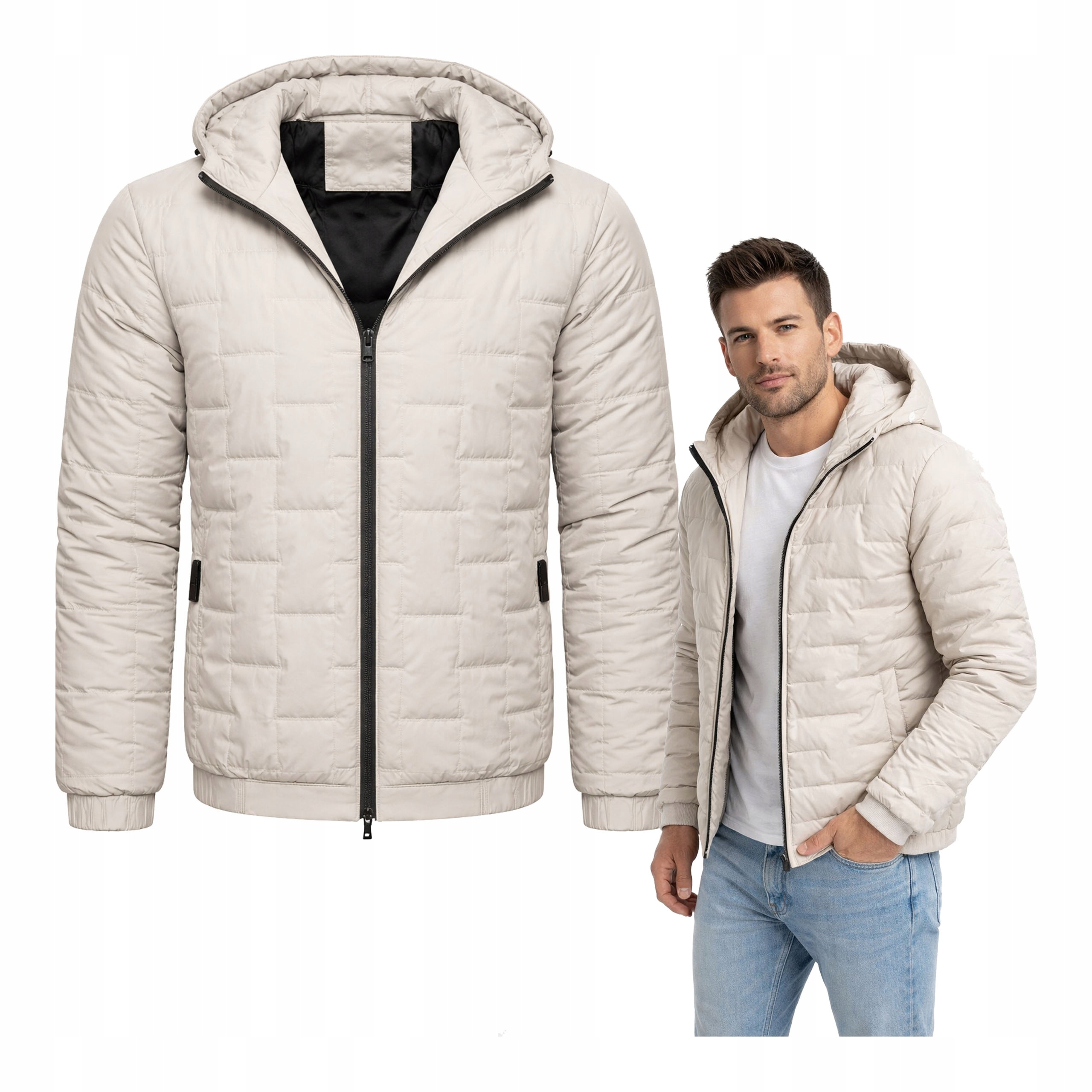 Kurtka Wiosenna Męska z Kapturem Beżowa Na Suwak Młodzieżowa M