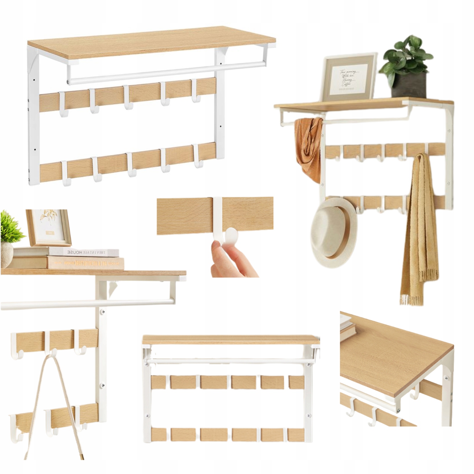 Veľký závesný nástenný vešiak Biely na oblečenie do predsiene s 10 háčikmi