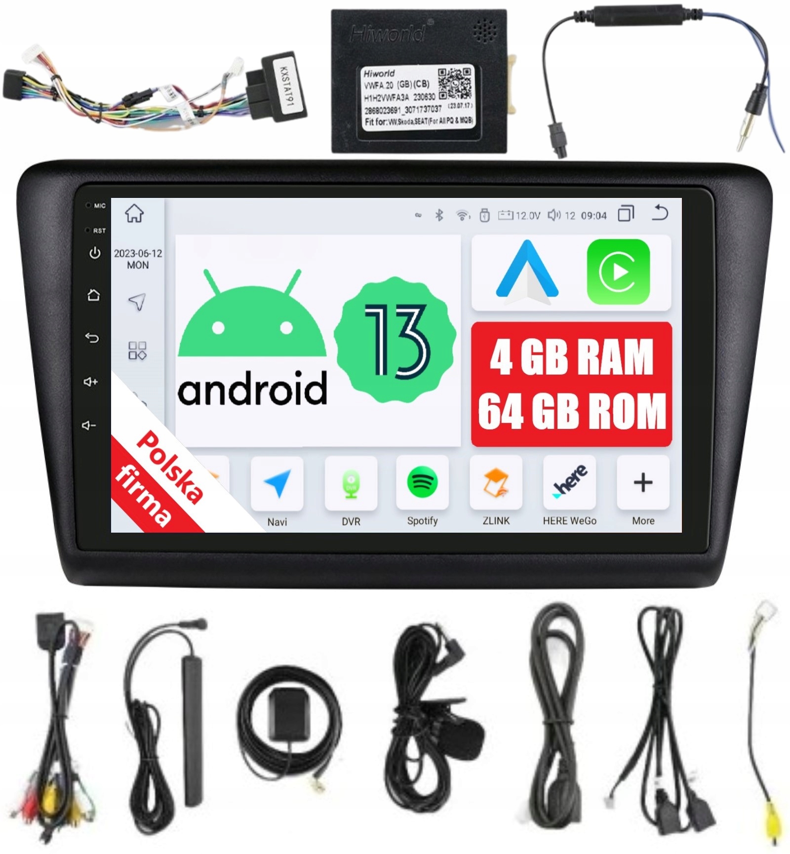 Radio Android 9" 2DIN Skoda Rapid II Seat Toledo IV 4/64GB Carplay Lte Dsp
