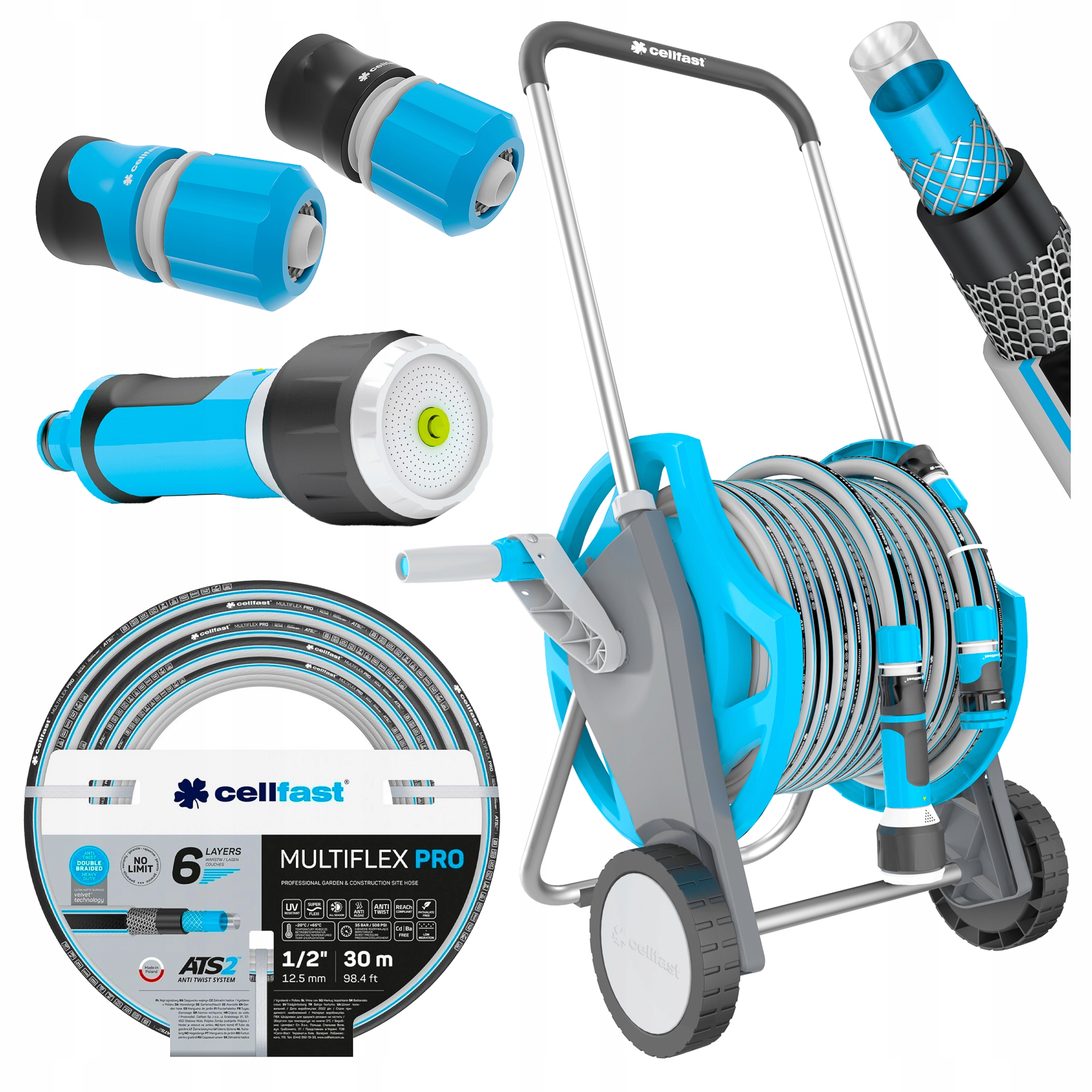 Cellfast Discover 30 M Vozík S Hadicou Multiflex 1/2″ Komplet Postrekovačov Ergo