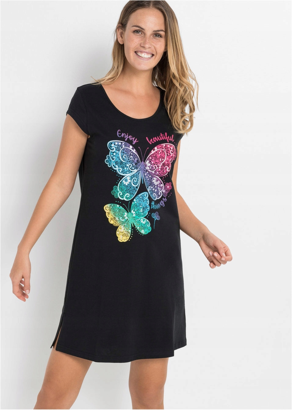 DA256 KOSZULA NOCNA DAMSKA Z BAWEŁNY Z NADRUKIEM BONPRIX 36/38 CZARNA Rozmiar 36