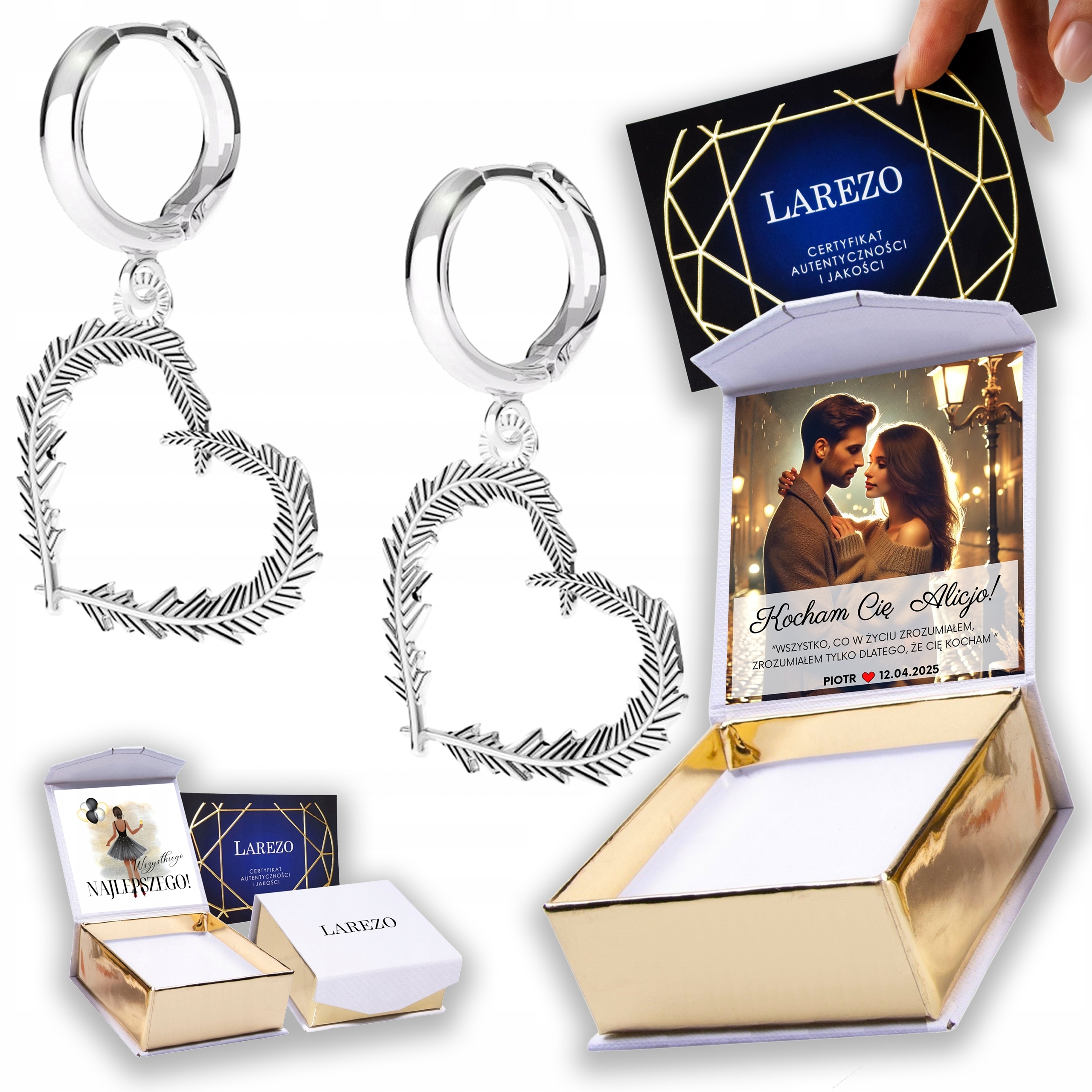 Stříbrné Náušnice 925 Srdce Srdíčka s větvičkami listů Srdce lásky Potisk