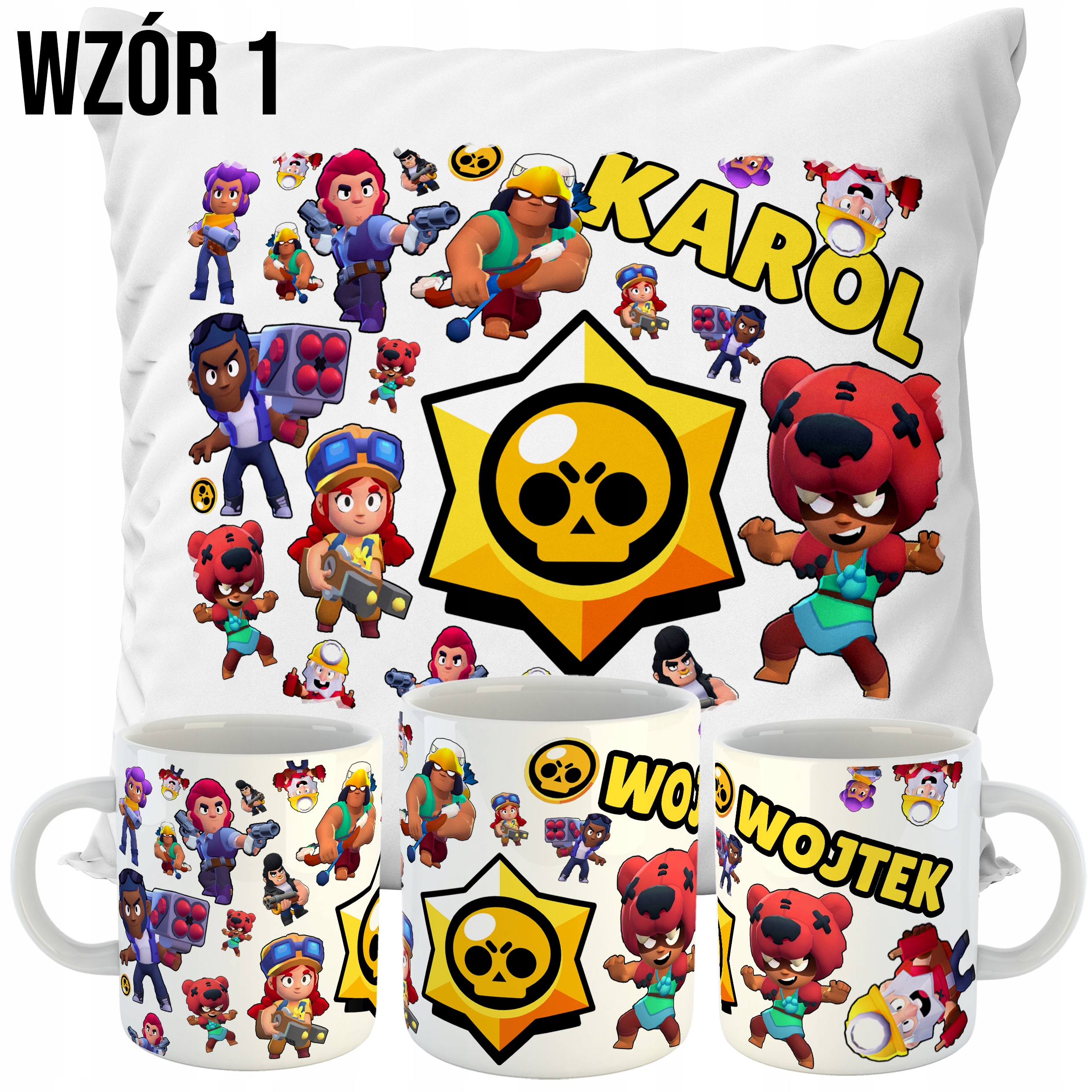 ZESTAW PODUSZKA +KUBEK BRAWL STAR S WZORY Długość 40 cm