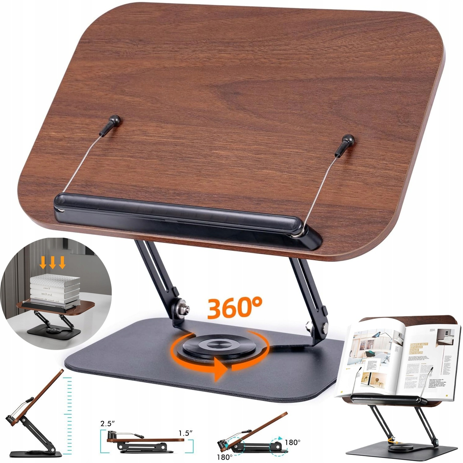 Podstavec Pod Knihu Stojan Skládací Dřevěný Otočný 360° Tablet Klipy