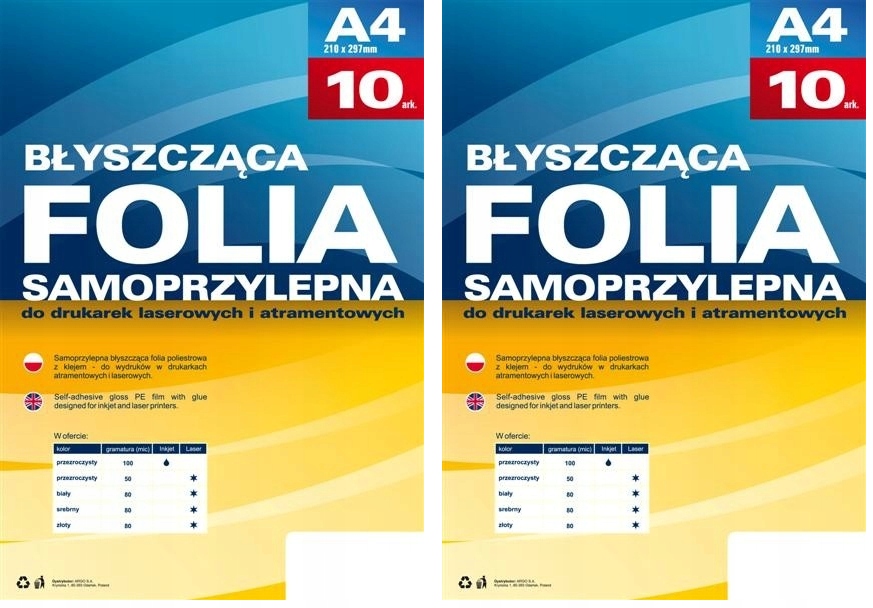 Samoprzylepna folia do drukarek laserowych błyszcząca Argo biała A4 10ar x2