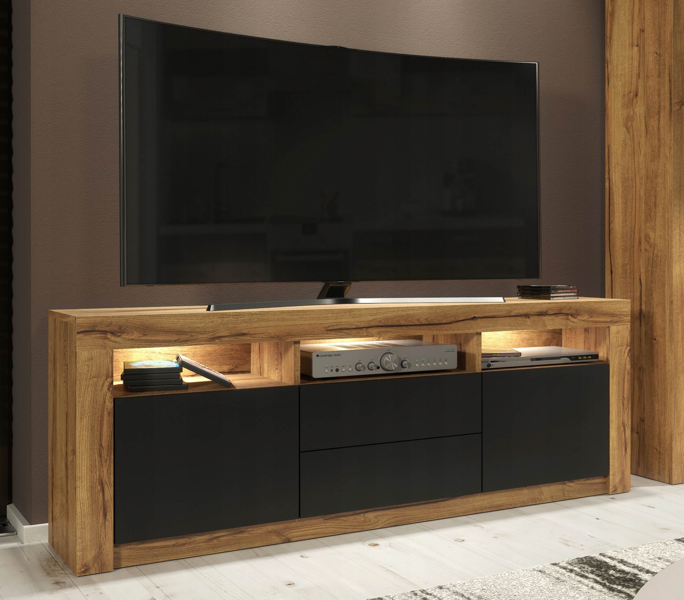 ZESTAW SZAFKA RTV TV WITRYNA RETRO LOFT DĄB/CZARNY Liczba elementów w zestawie 2