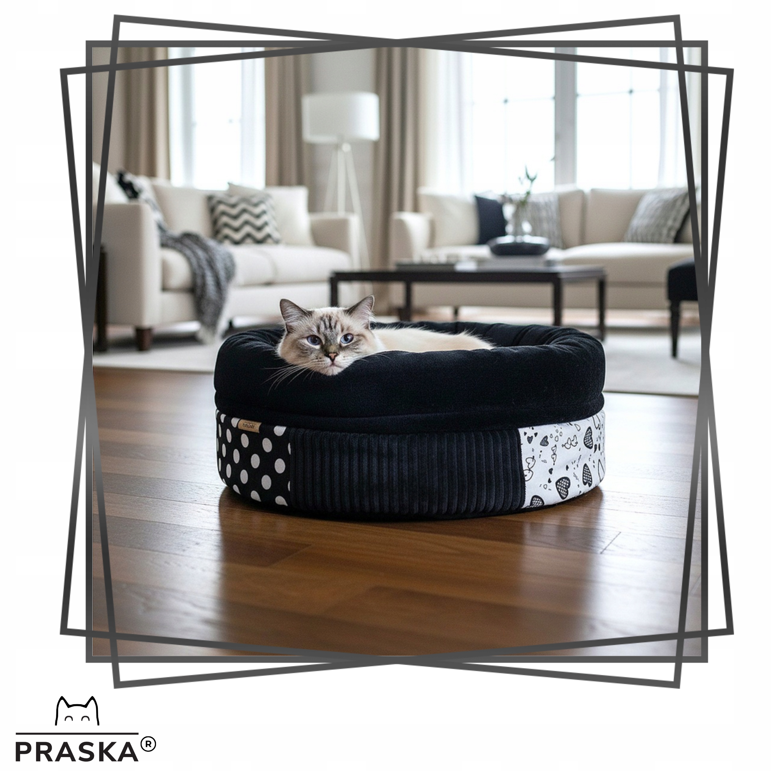 Levně Pražská Pelíšek pro pro kočky psa Patchwork Black Hearts nadýchaná 45 cm Premium