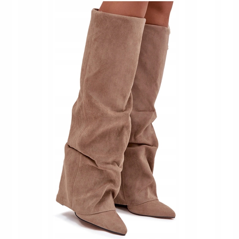 Zateplené Kozačky Vyhrnutý Svršek Sloupek Eko Semiš Nazouvací Béžová 40