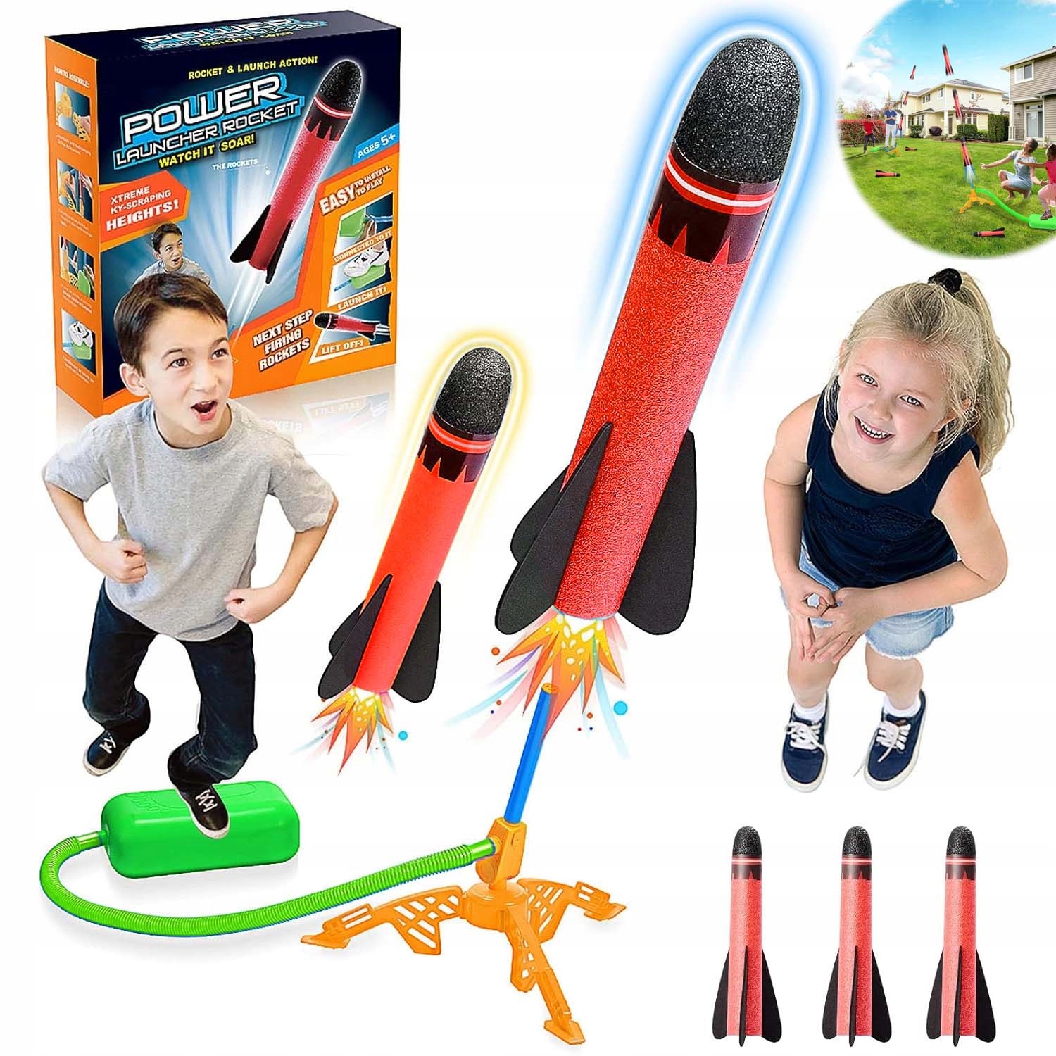 WYRZUTNIA RAKIET PIANKOWYCH ZABAWKA DLA DZIECI STOMP ROCKET GRA Z 3 RAKIETA