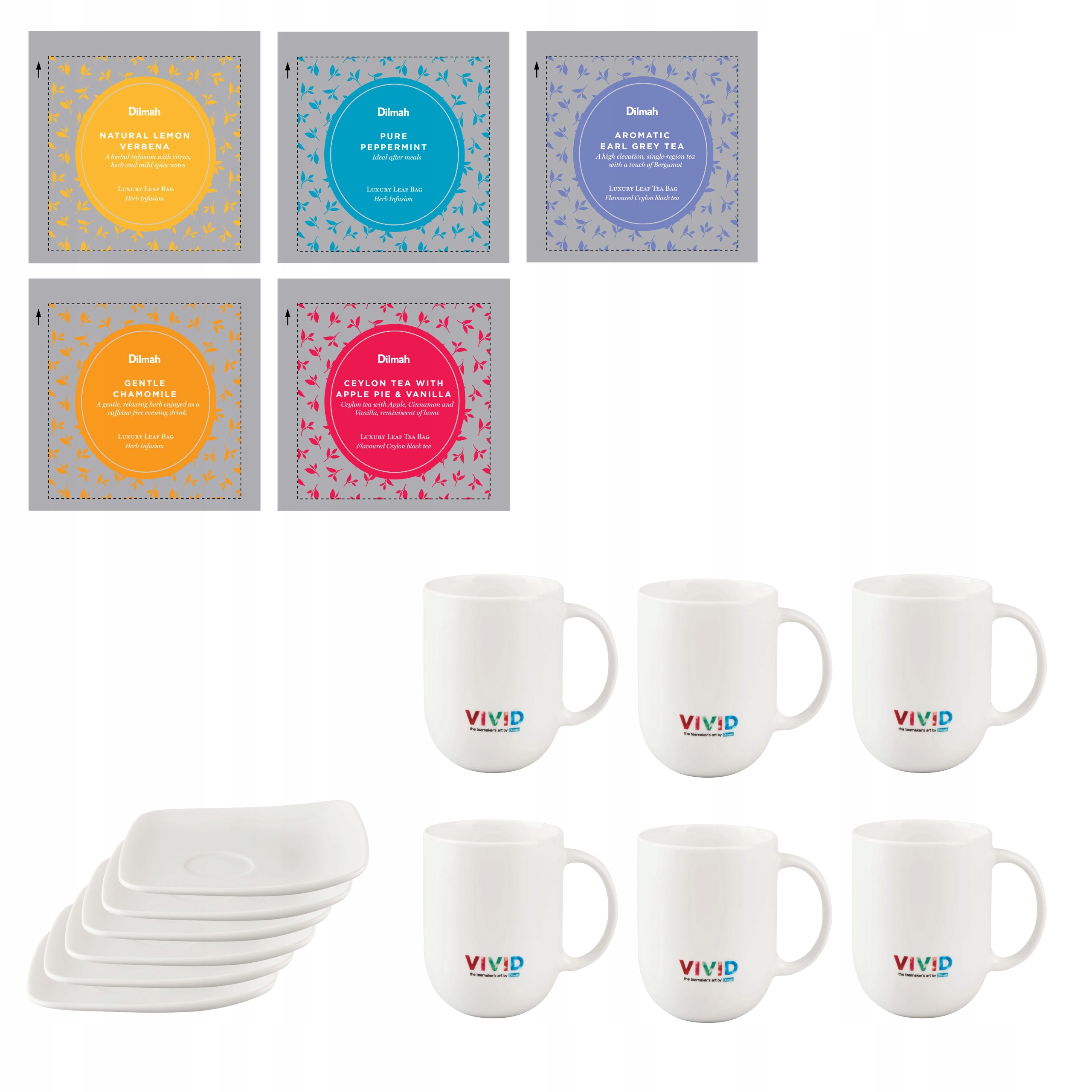 Zestaw Herbat Dilmah Vivid 5 Smaków 6 Kubków Porcelanowych ze Spodkiem