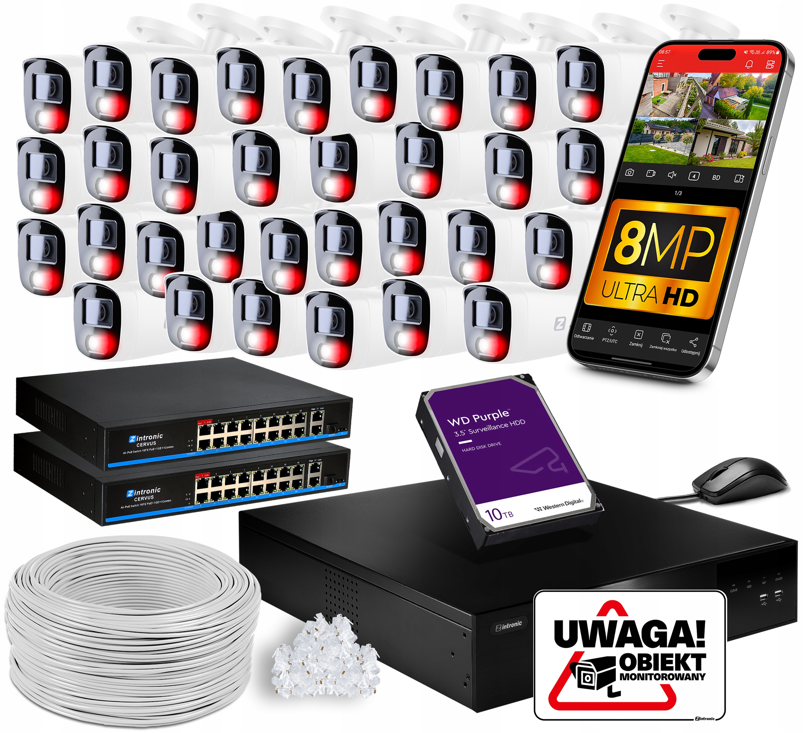 Ip monitorovací sada Poe B8 32 Kamery 8MPx 10TB 2xSWITCH Audio Dual Light