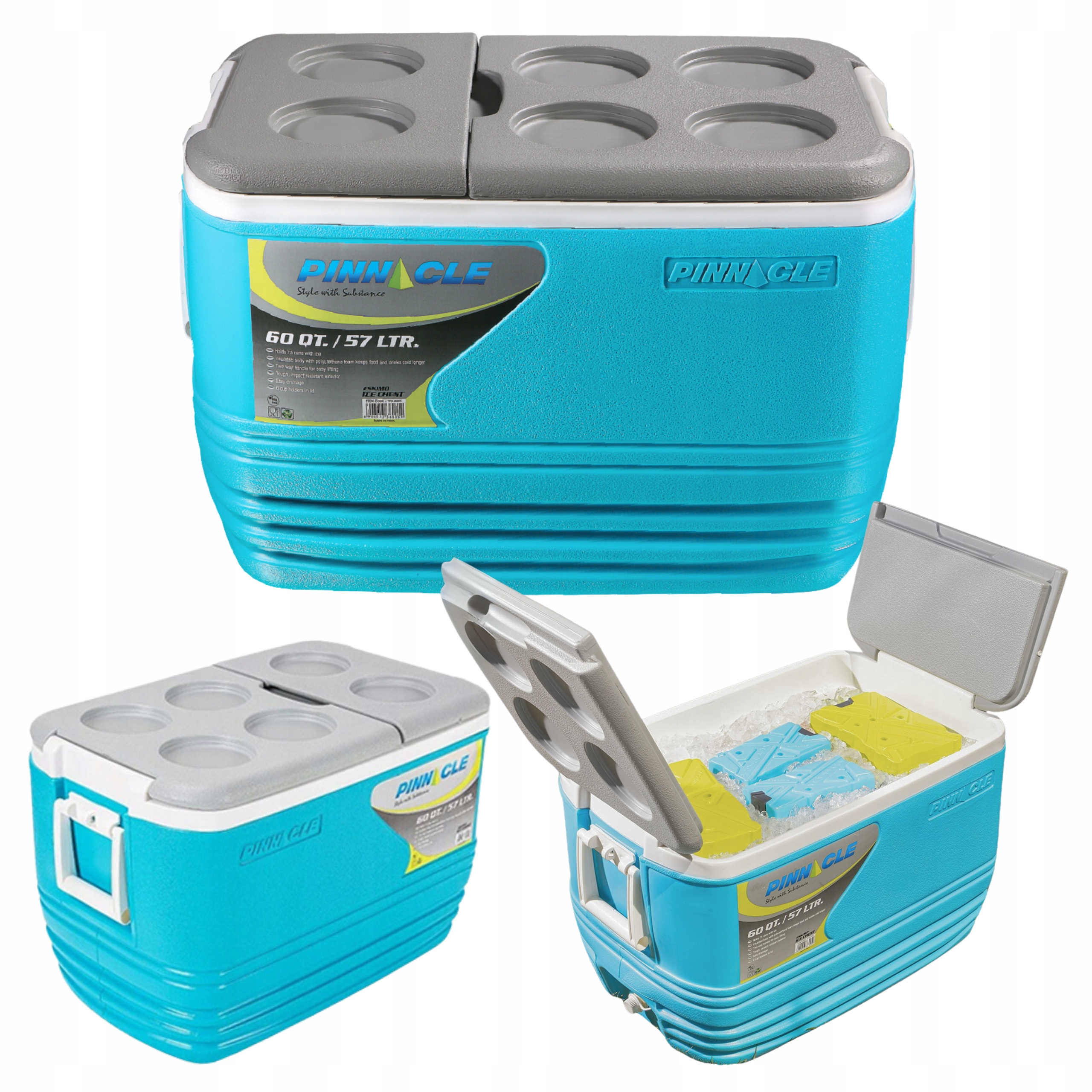 Turistická lednička na mrazicí vložky přenosná Pinnacle 57 l, velká s rukojetí