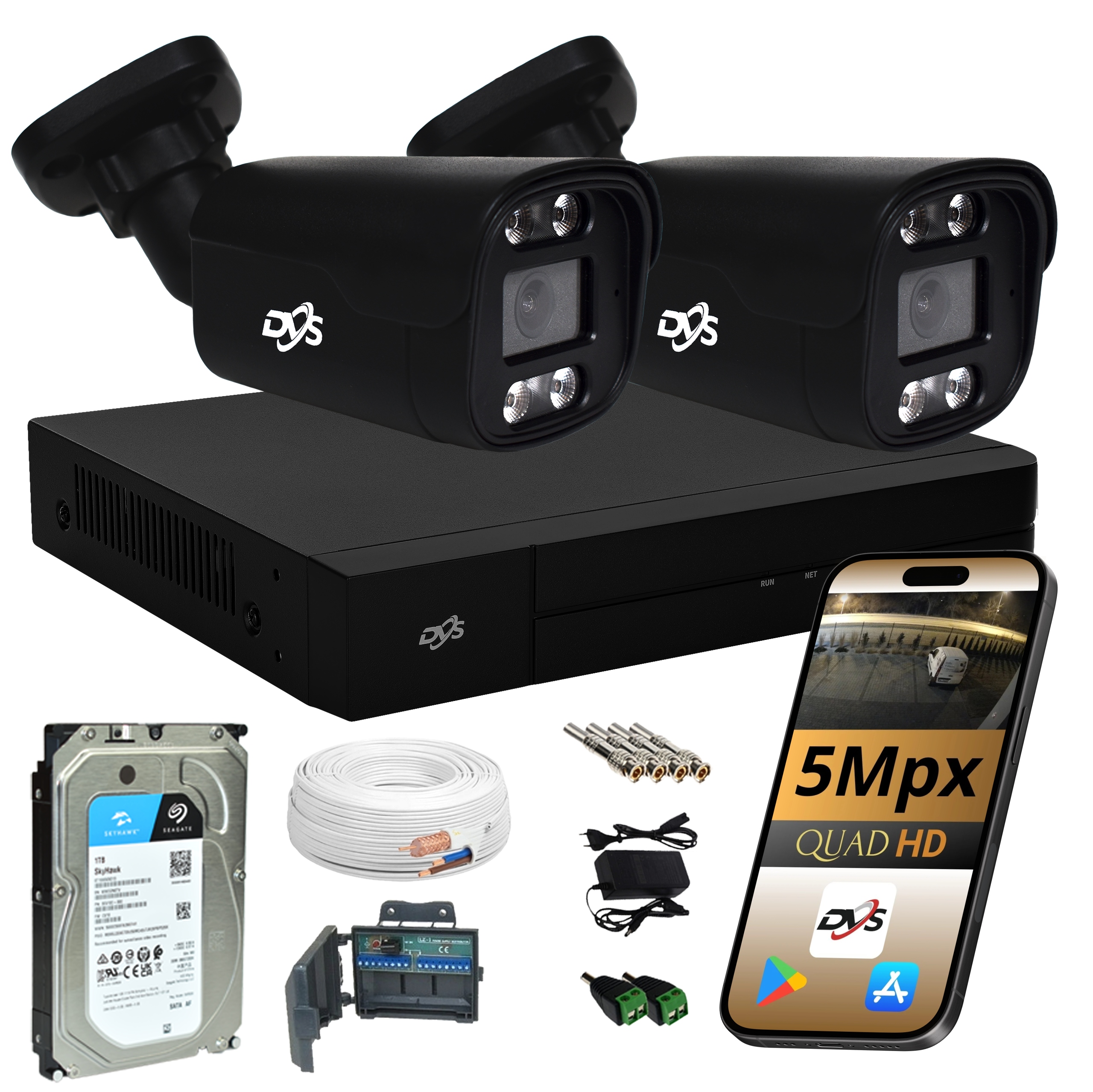 Set Na Monitorovanie 2x Čierna 5Mpx Vonkajšia Kamera Dvs Disk 1TB