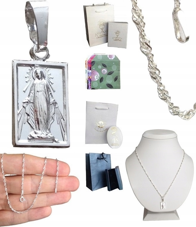 Łańcuszek srebrny singapur + medalik Matka Boska