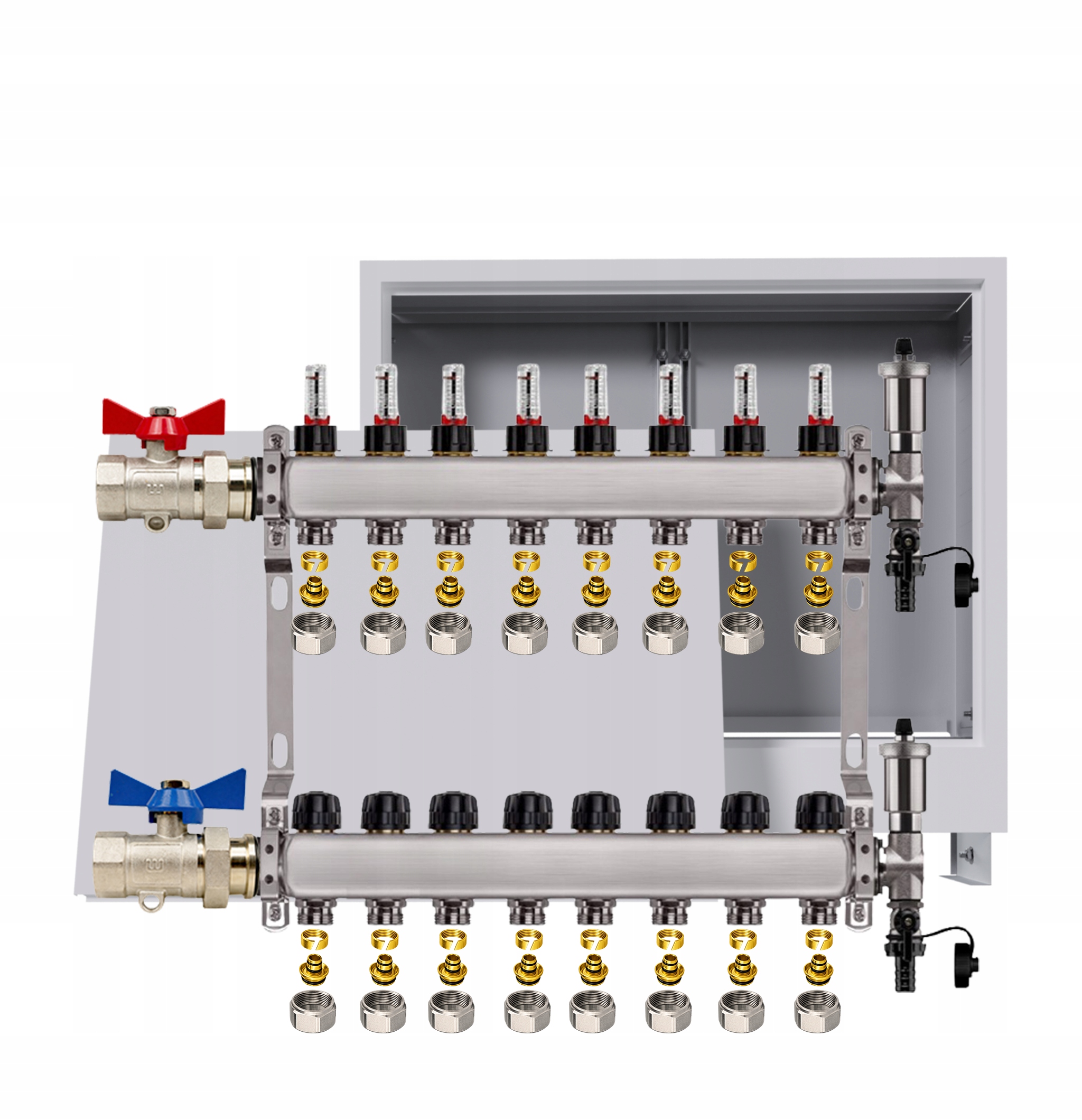 Nerezový rozdělovač pro podlahovku 8 okruhů podomítková skříňka Pex