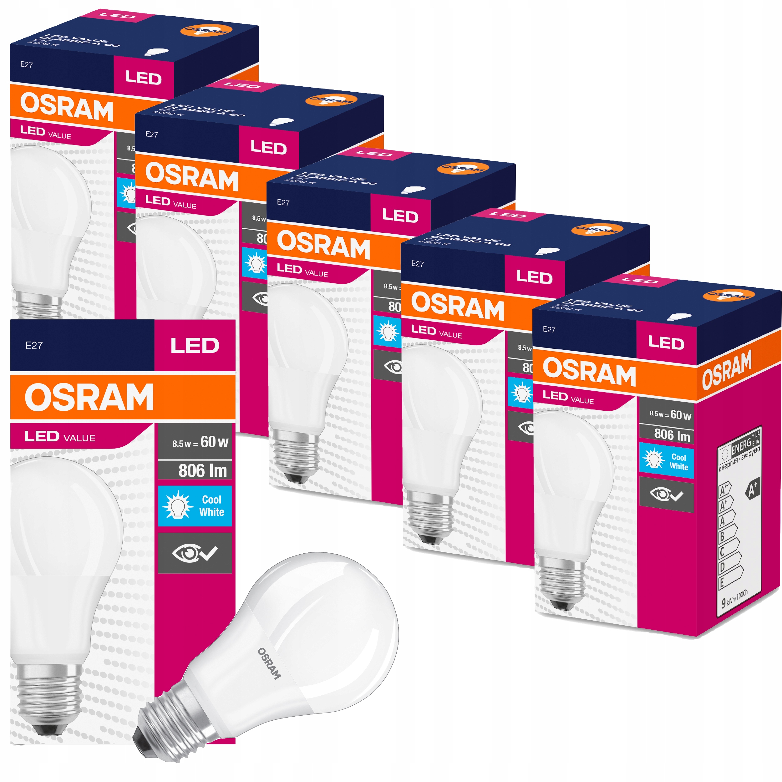

Osram żarówka Led A60 E27 8,5W=60W 806lm 4000K x6