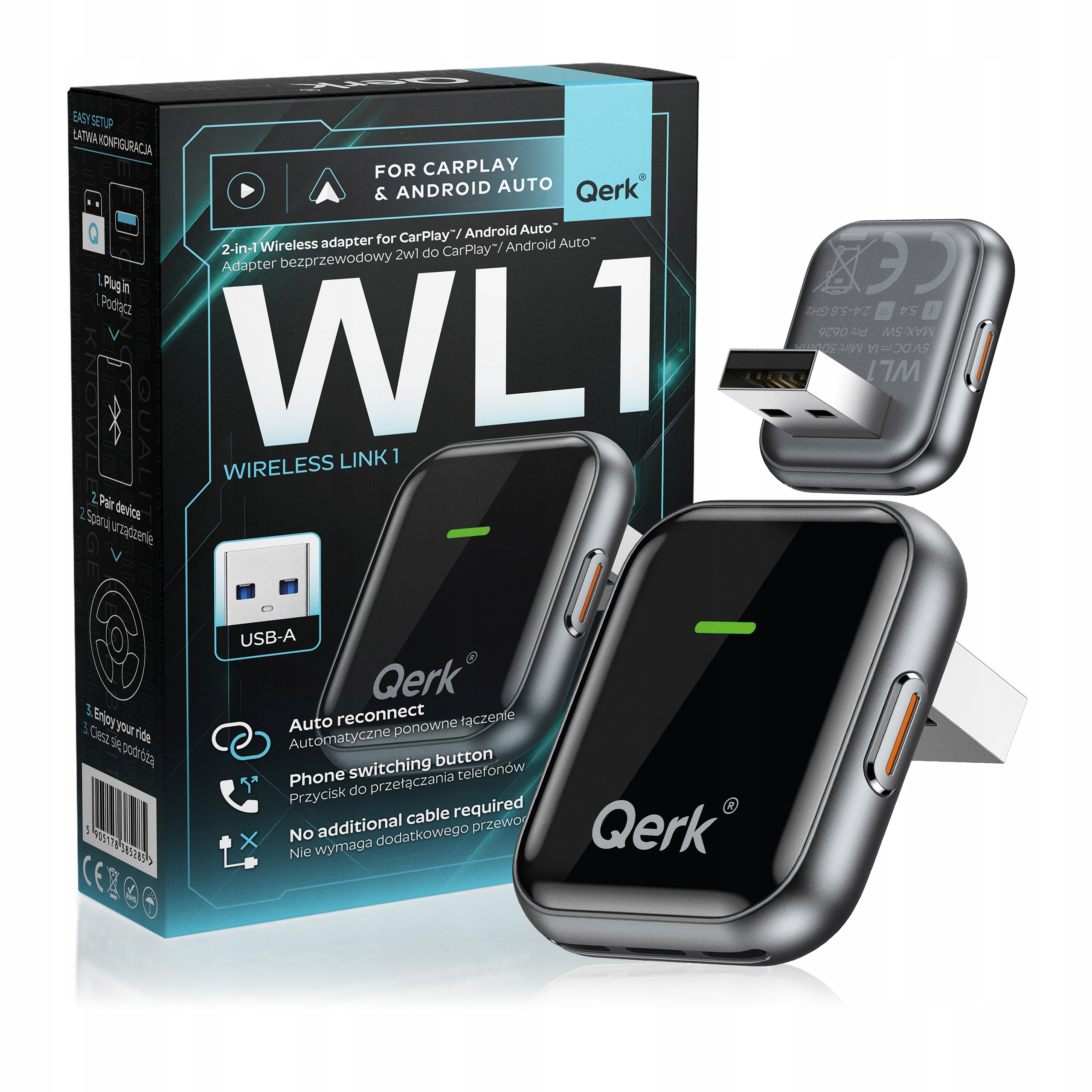 Qerk WL1-BLA Adaptér CarPlay Android Auto Usb-a černý