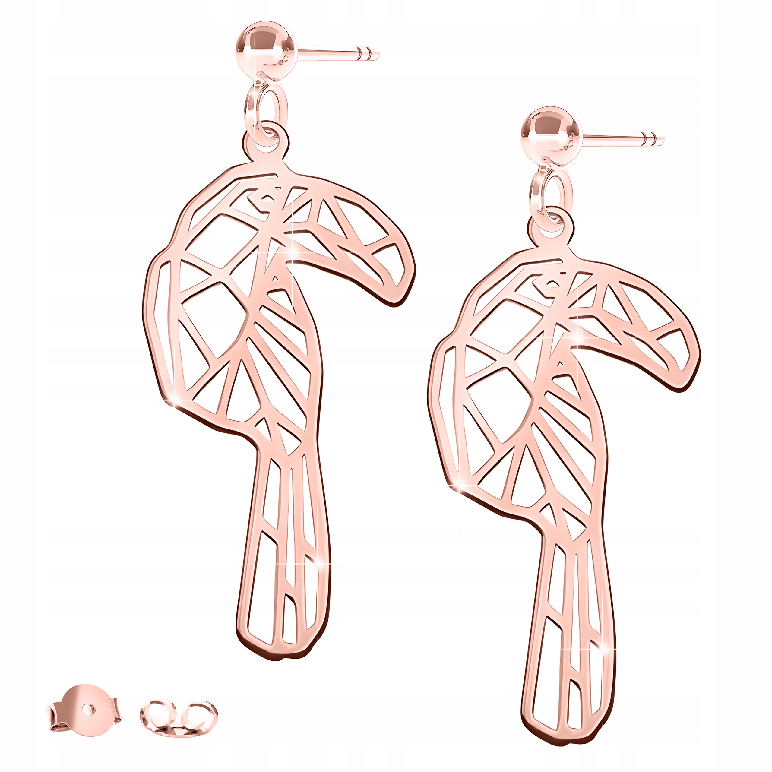 Náušnice Růžové Puzetky 925 Ažurovaný Plíšek s Ptákem Rajka/Tukan 18K