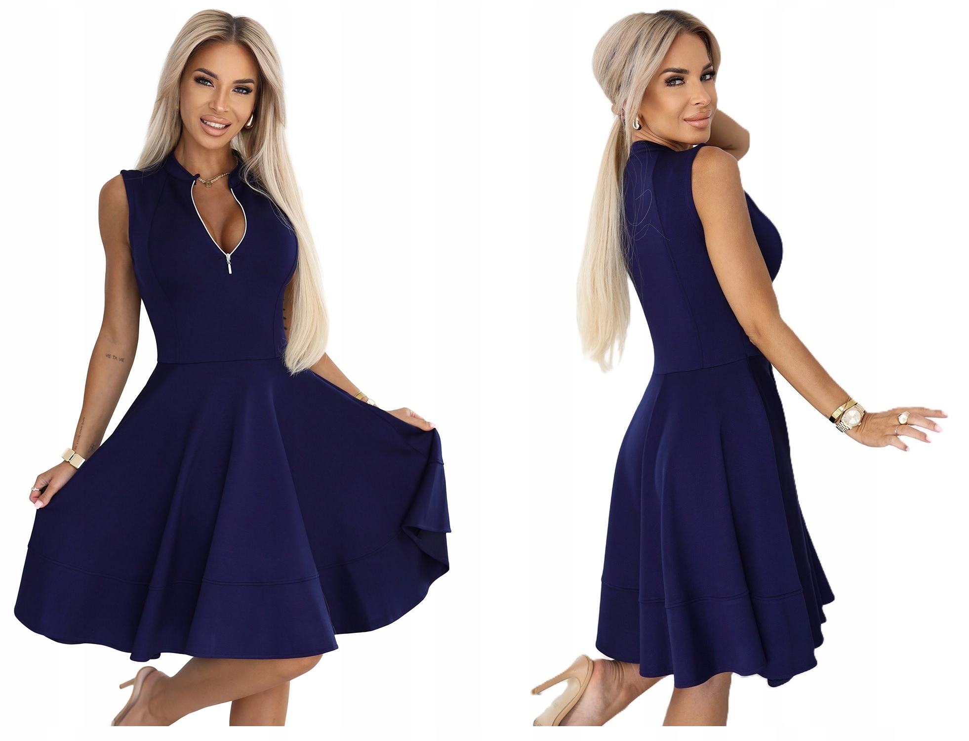 Klasická, Lehce Prošívaná Šaty Se Zipem Ve Výstřihu, Tmavě Modrá, Velikost L