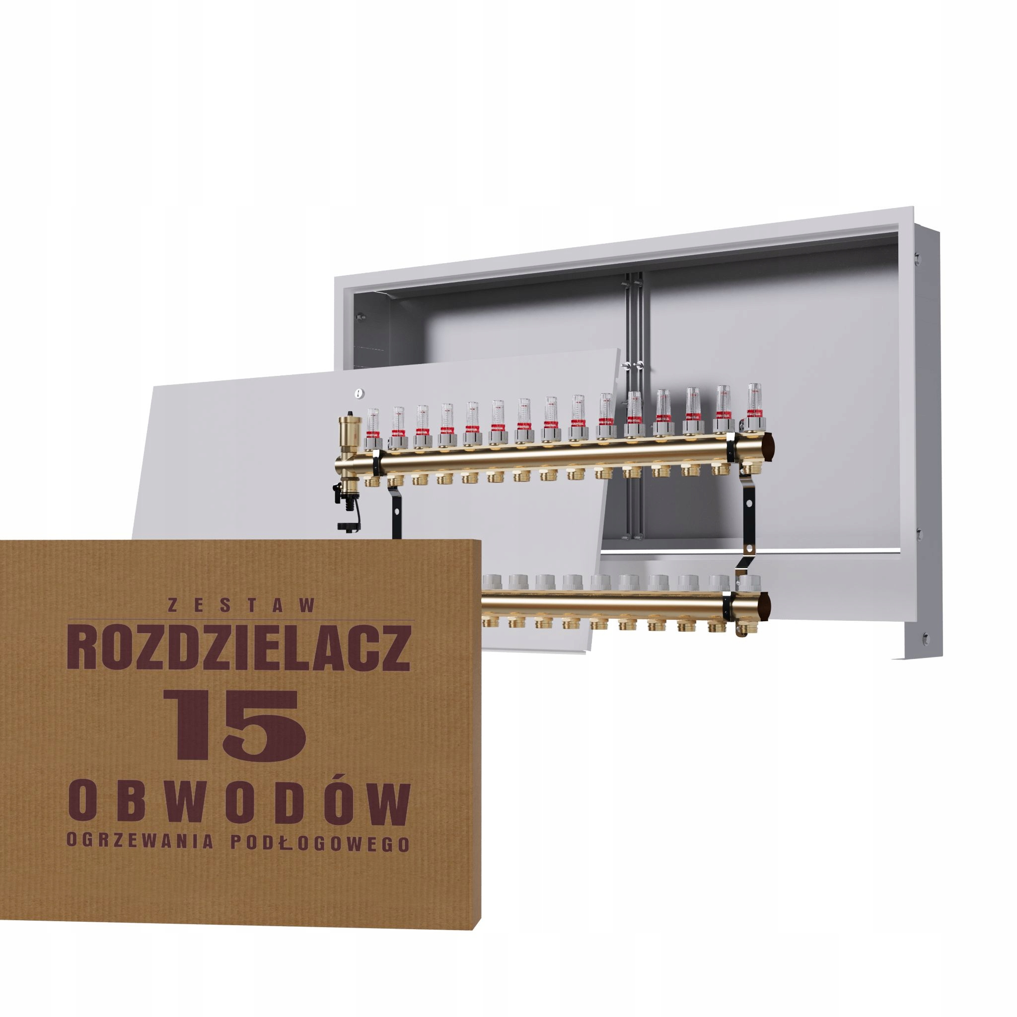 Rozdělovač pro 15-okruhovou mosaznou podlahu a podomítkový box, bílý