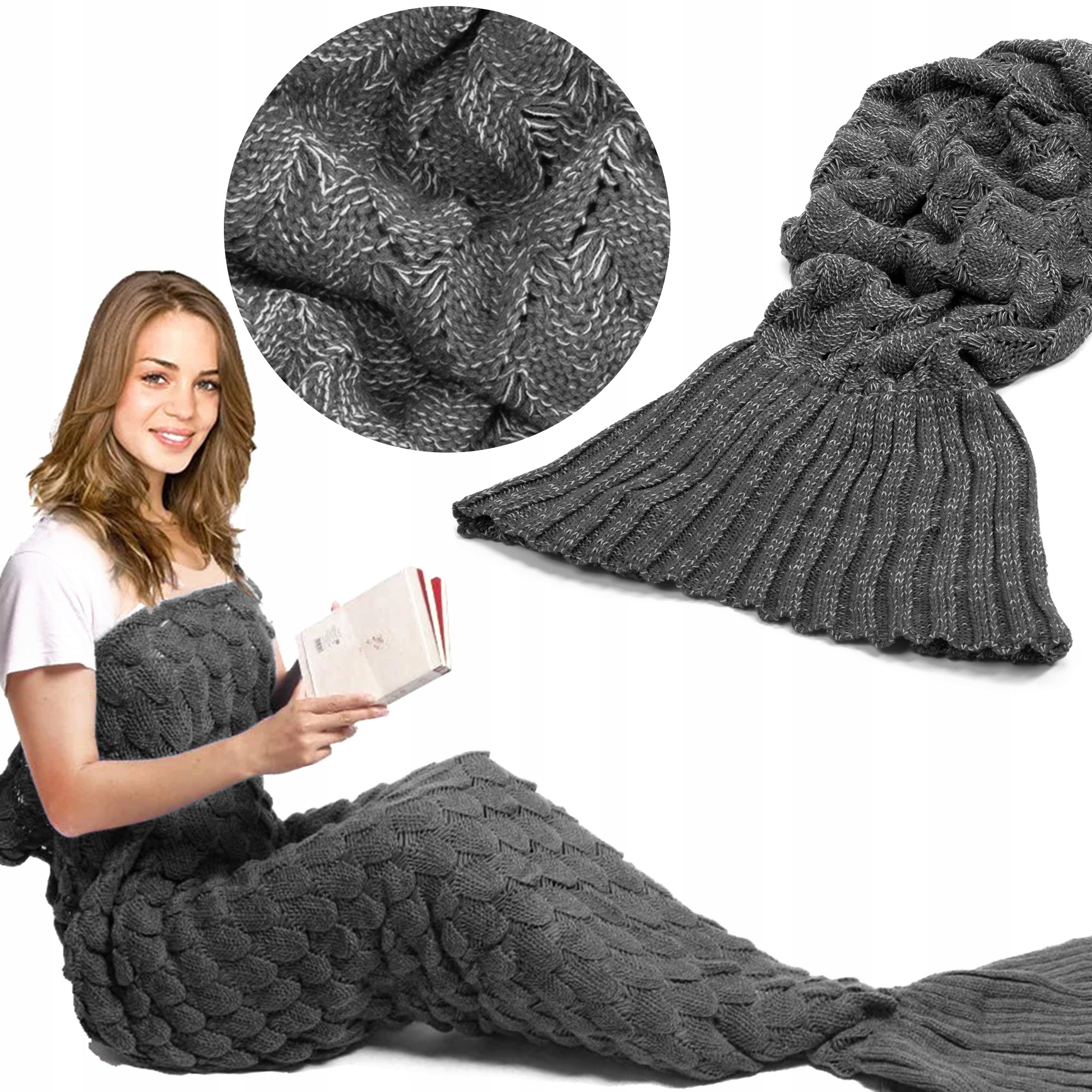 Deka Mořská Panna Ocas Teplý Měkký Pletený Tmavě Šedý