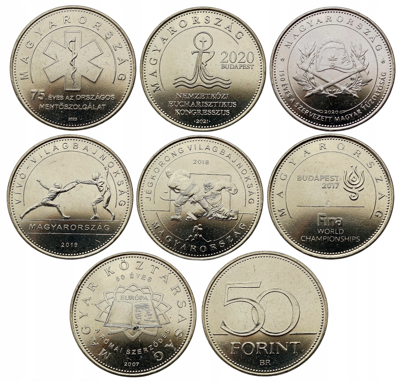 WĘGRY ZESTAW 7 MONET 50 FORINT 2007 - 2023 OKOLICZNOŚĆIOWE UNC