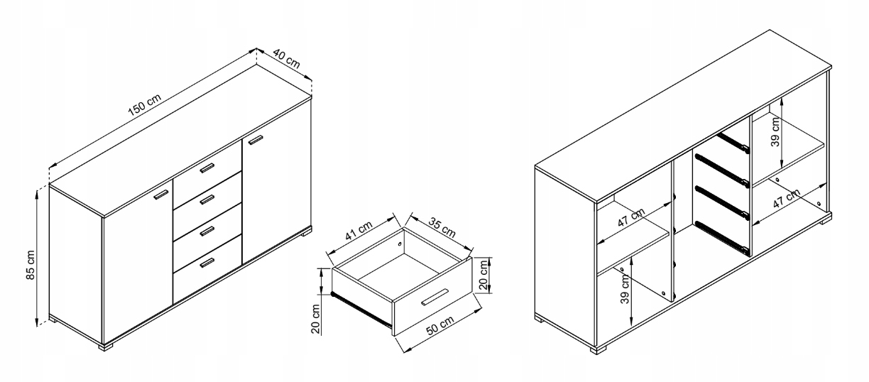 Duża komoda pojemna 150 cm biała sonoma 4 szuflady Marka MP