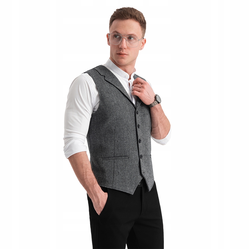 Pánska obleková vesta s golierom grafitová V1 OM-BLZV-0105 XL