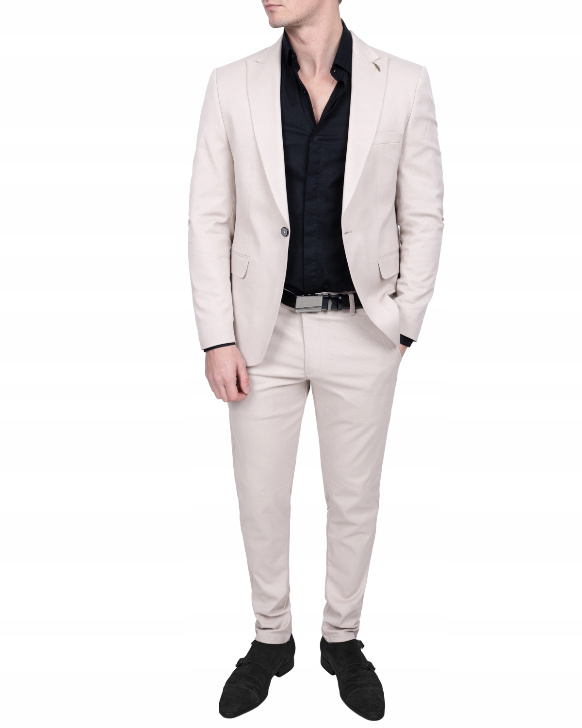 Garnitur męski elegancki beżowy elegancki gładki letni slim - 52 Rozmiar 52