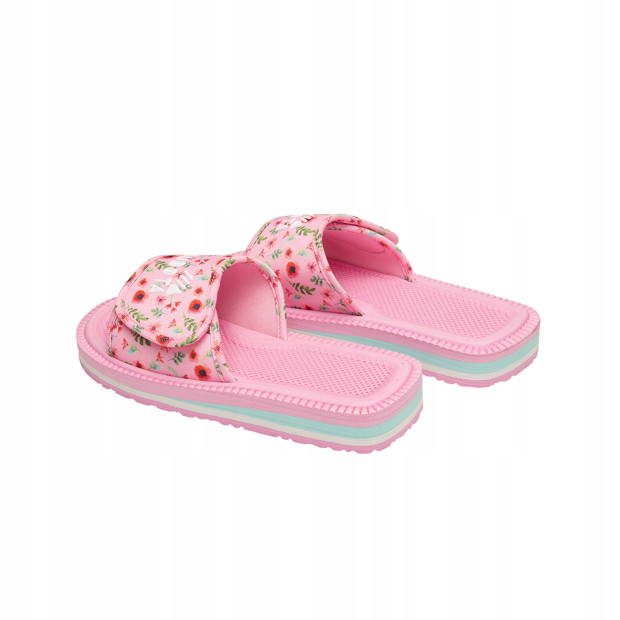 DAMSKIE KLAPKI PIANKOWE 39 RÓŻOWE W KWIATKI KUBOTA RZEP WYGODNE 39 Długość wkładki 24.8 cm