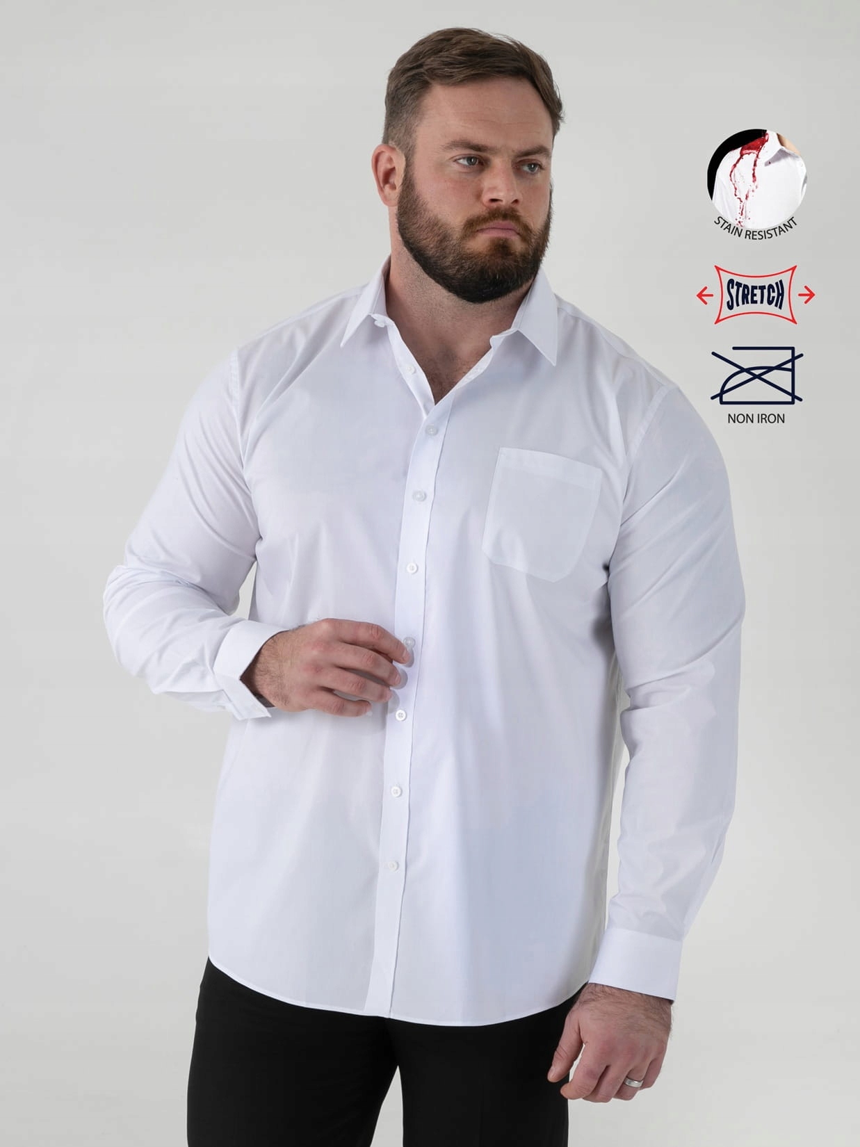 Velká pánská košile odolná proti skvrnám Non Iron Elastická Bílá OLIVER-D555