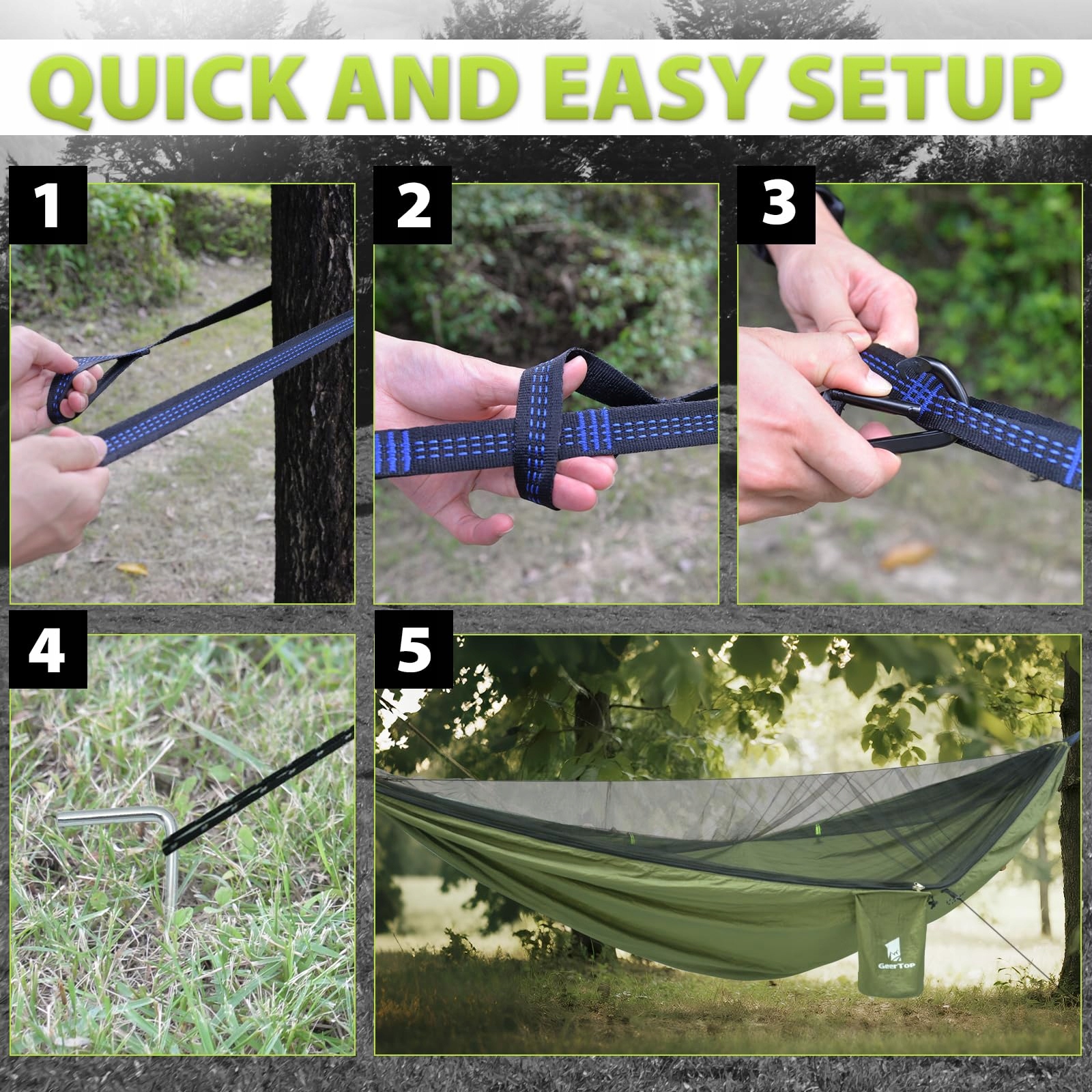 Hamak Outdoor Z Moskitierą Campingowy Survival Wędrówki Ogród 300kg GEERTOP — miniatura 4